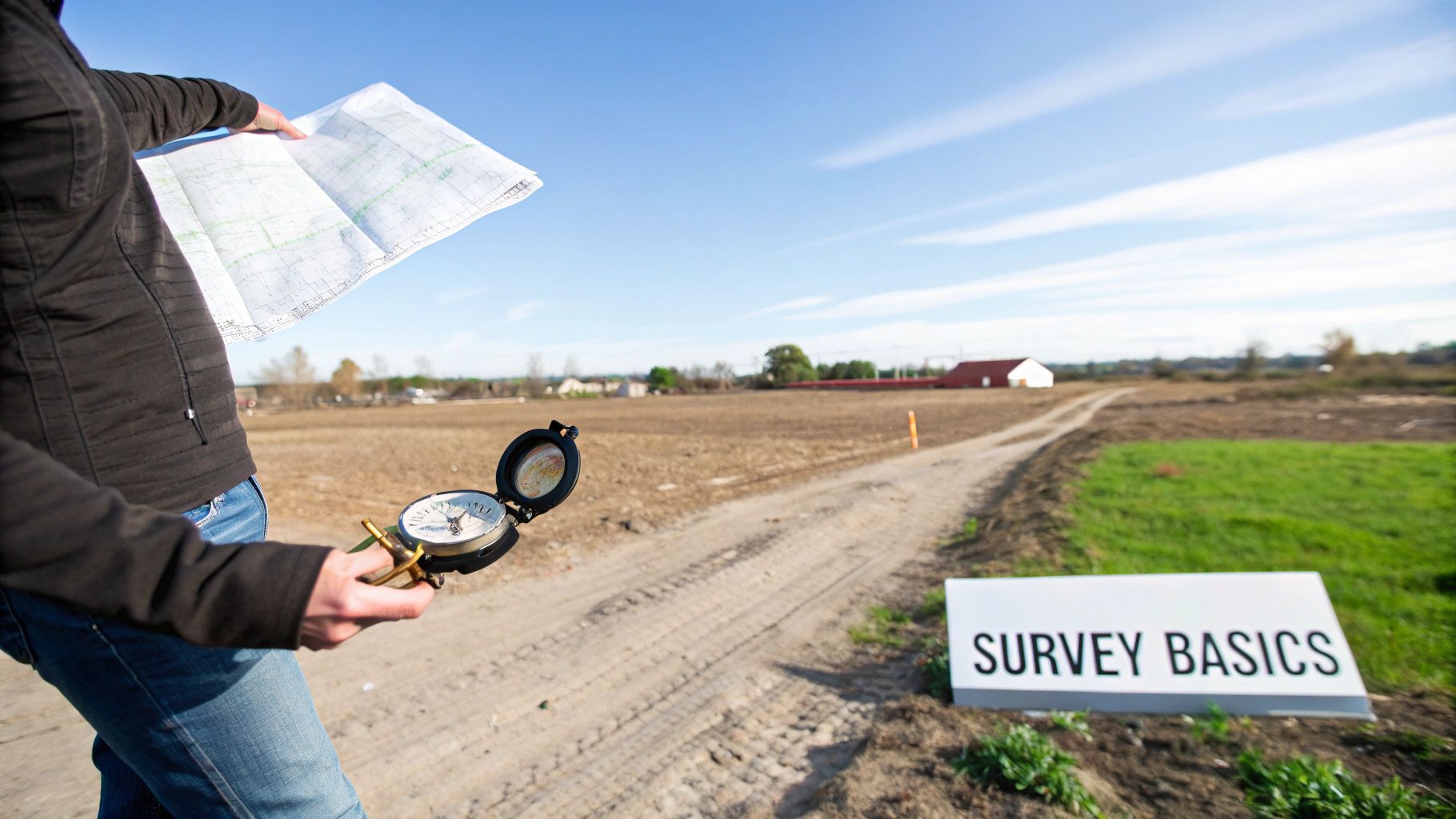 A person holds a map and compass in a field, with a 'SURVEY BASICS' sign.