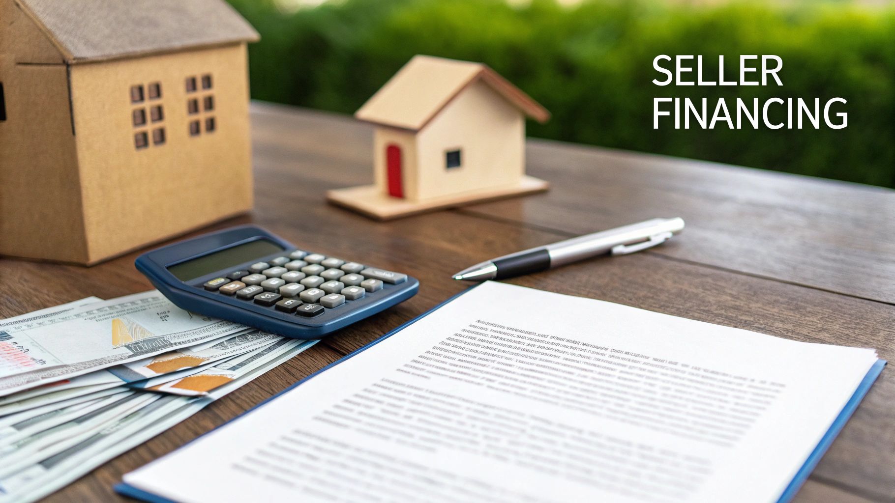 Table with two model houses, calculator, cash, pen, and document, showing 'Seller Financing'.