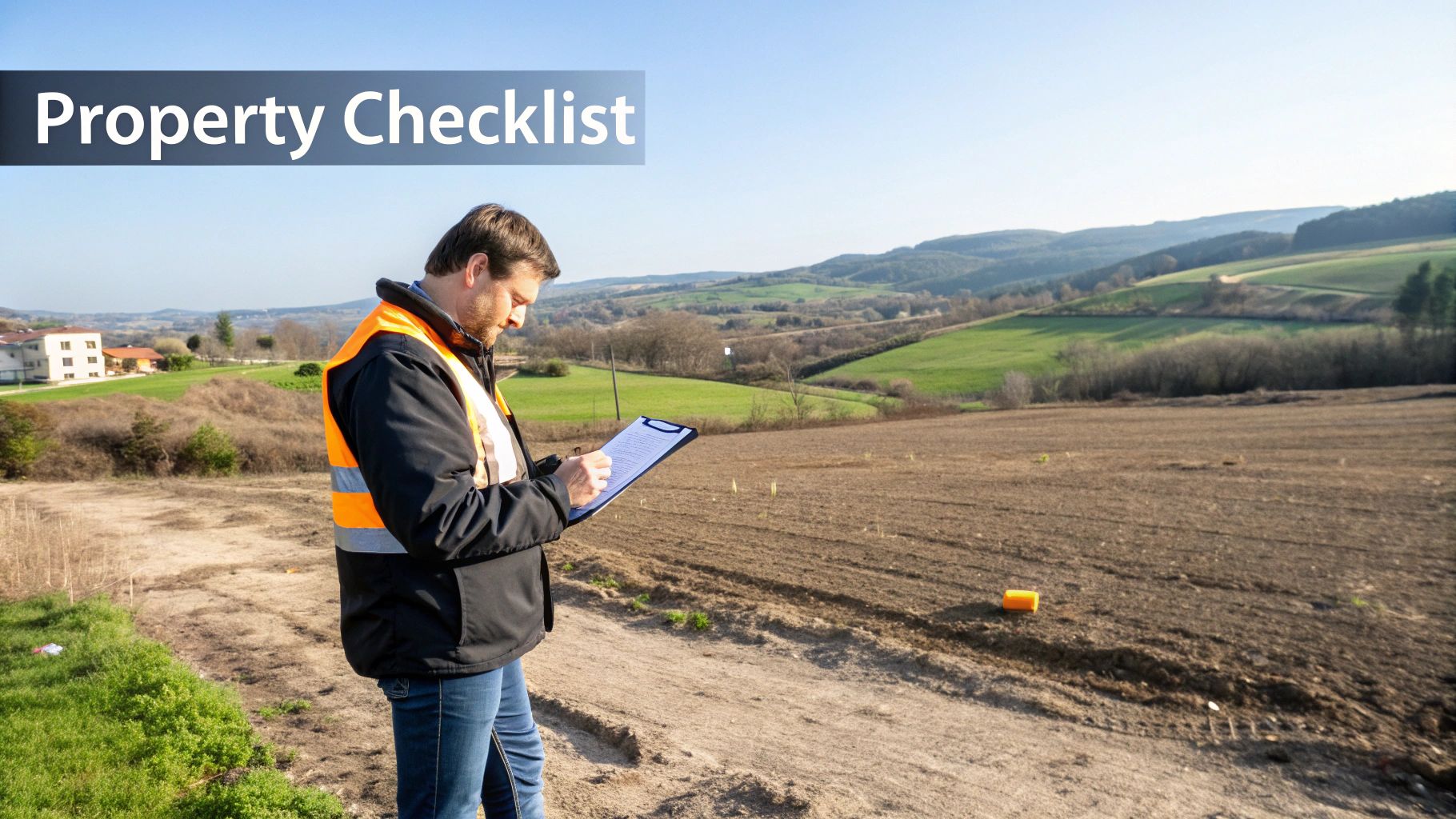 A man in a safety vest inspects rural land, holding a clipboard with a property checklist.