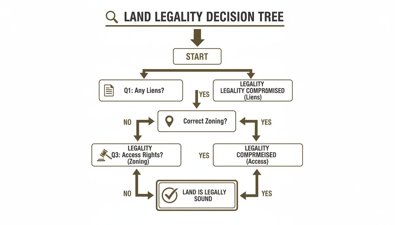 A flowchart titled 'Land Legality Decision Tree' outlining steps to determine if land is legally sound.