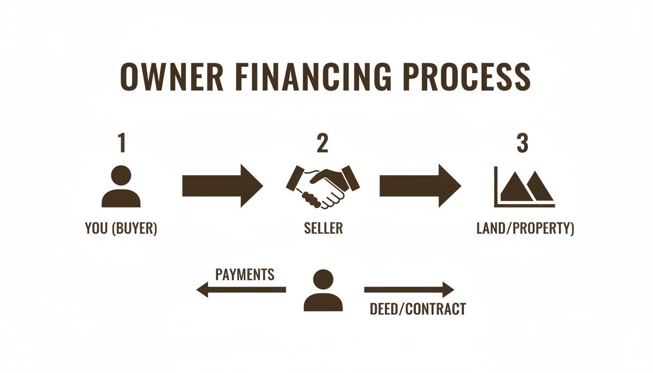 Diagram illustrating the owner financing process between a buyer and seller for land or property.