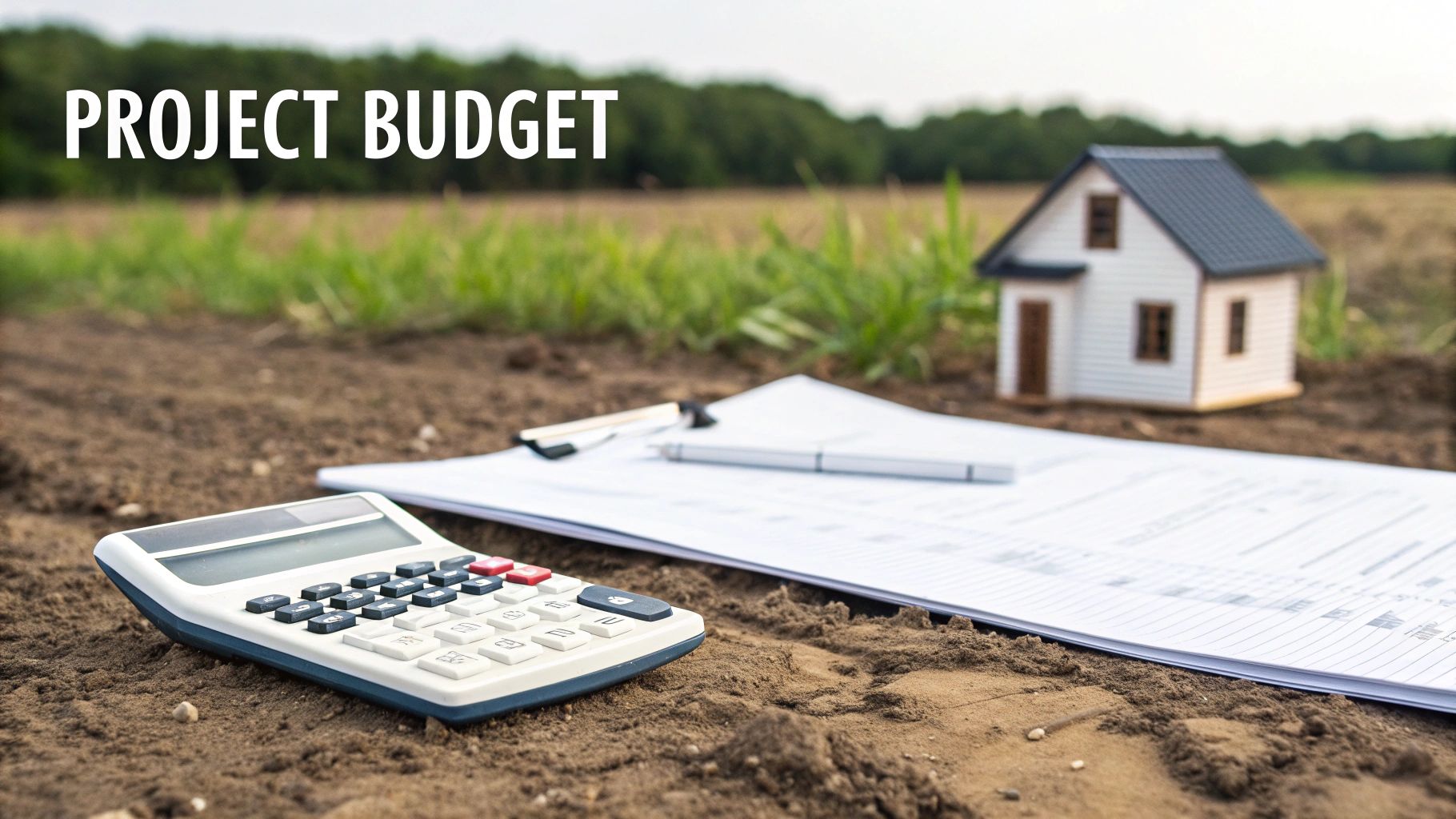 A calculator, project documents, and a model house on bare land, illustrating project budgeting for land development.