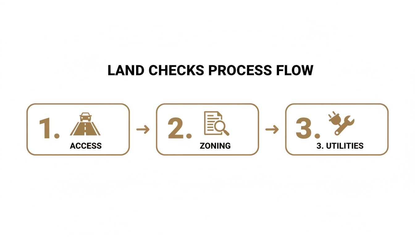 A process flow diagram illustrating land checks with three steps: 1. Access, 2. Zoning, and 3. Utilities.