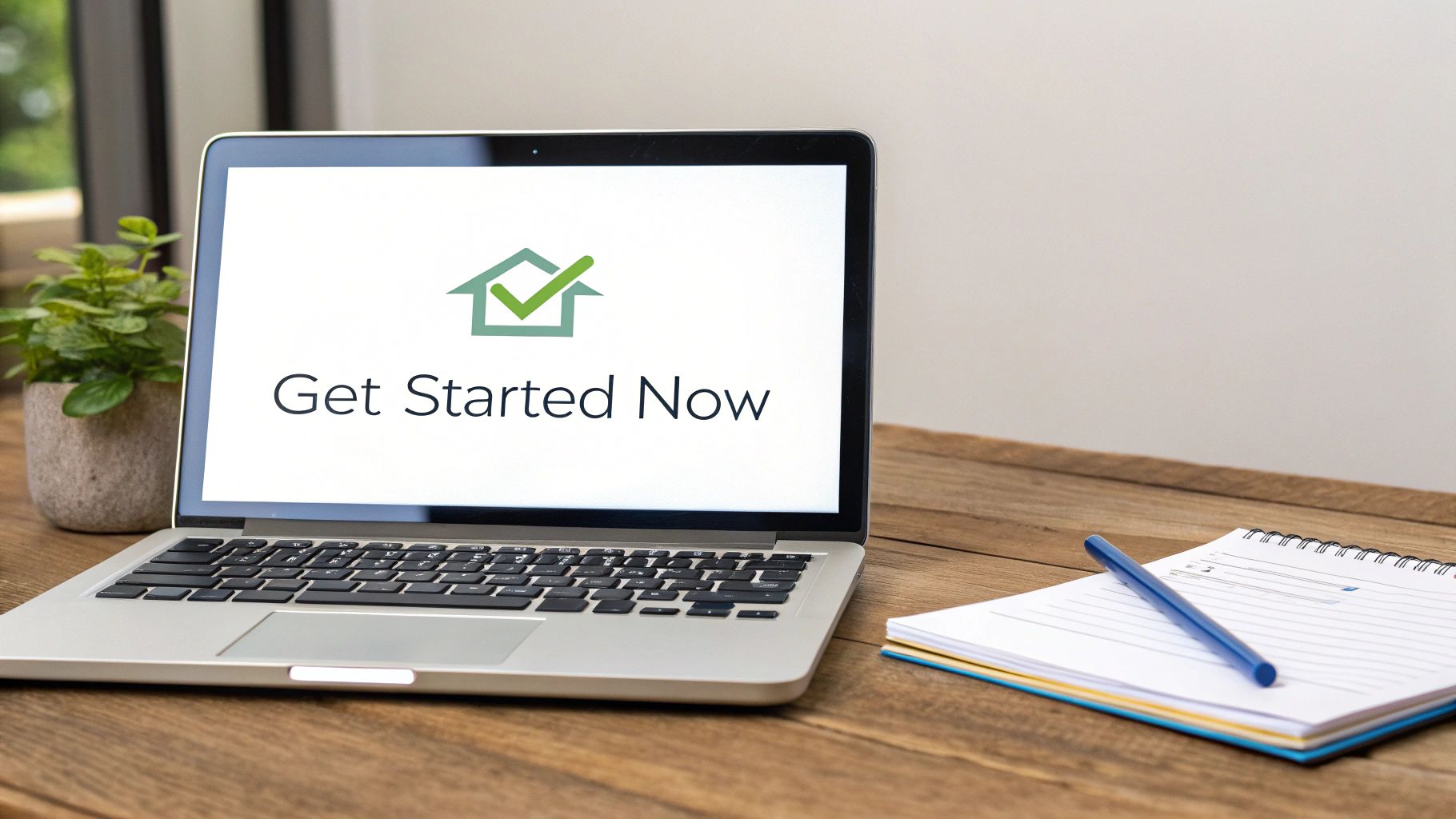 A laptop displaying 'Get Started Now' with a house and checkmark logo on a wooden desk.