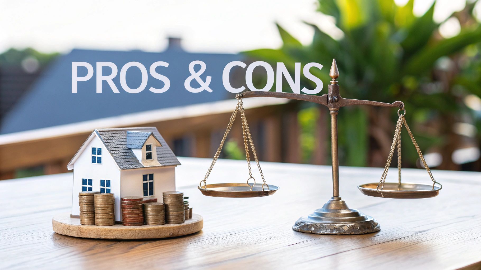 A miniature house, stacks of coins, and a balance scale with 'PROS & CONS' text for real estate decisions.
