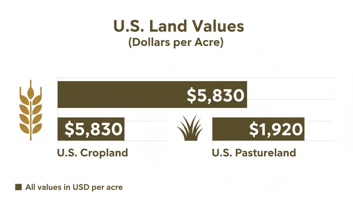 Bar chart displaying U.S. land values: cropland at $5,830 per acre and pastureland at $1,920.