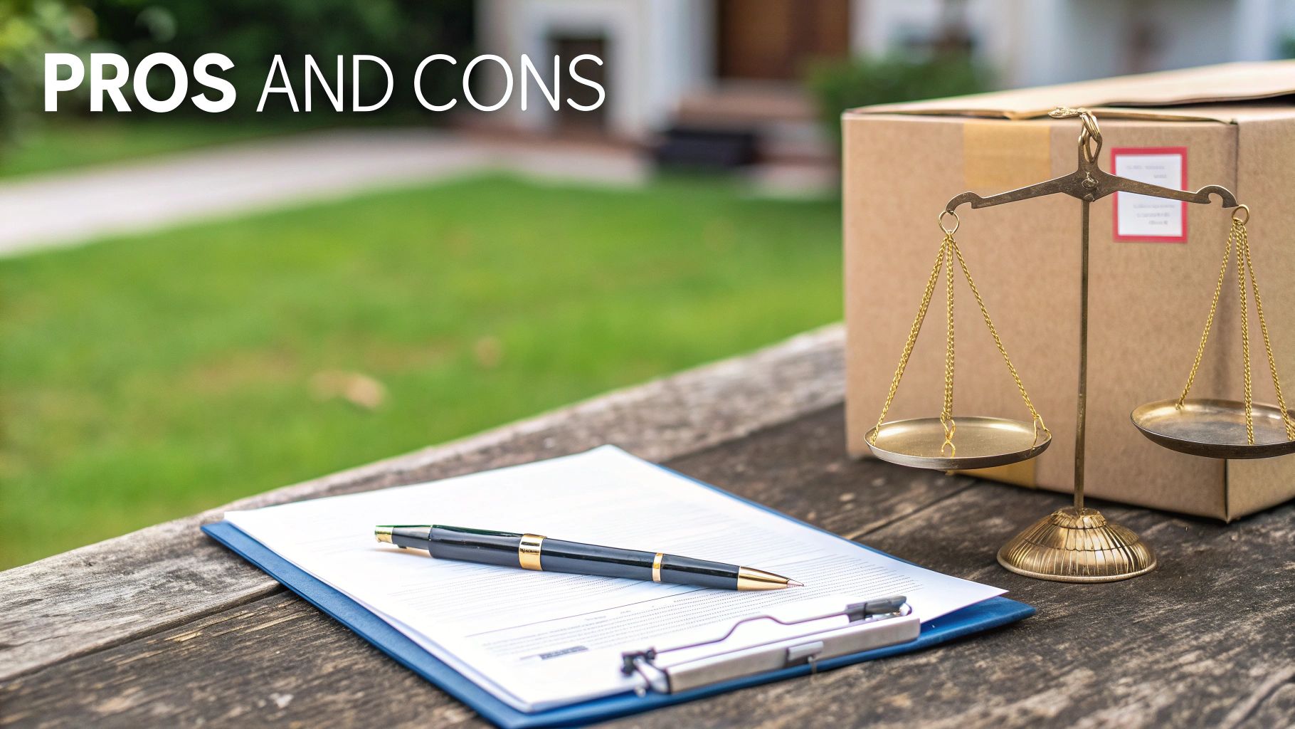 A clipboard with a pen, brass scales, and a cardboard box on a wooden table, with 'PROS AND CONS' text.