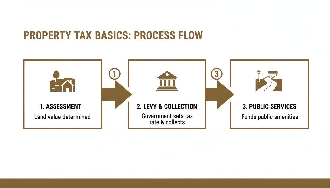 A diagram illustrating the three-step property tax process flow: assessment, levy and collection, and public services.
