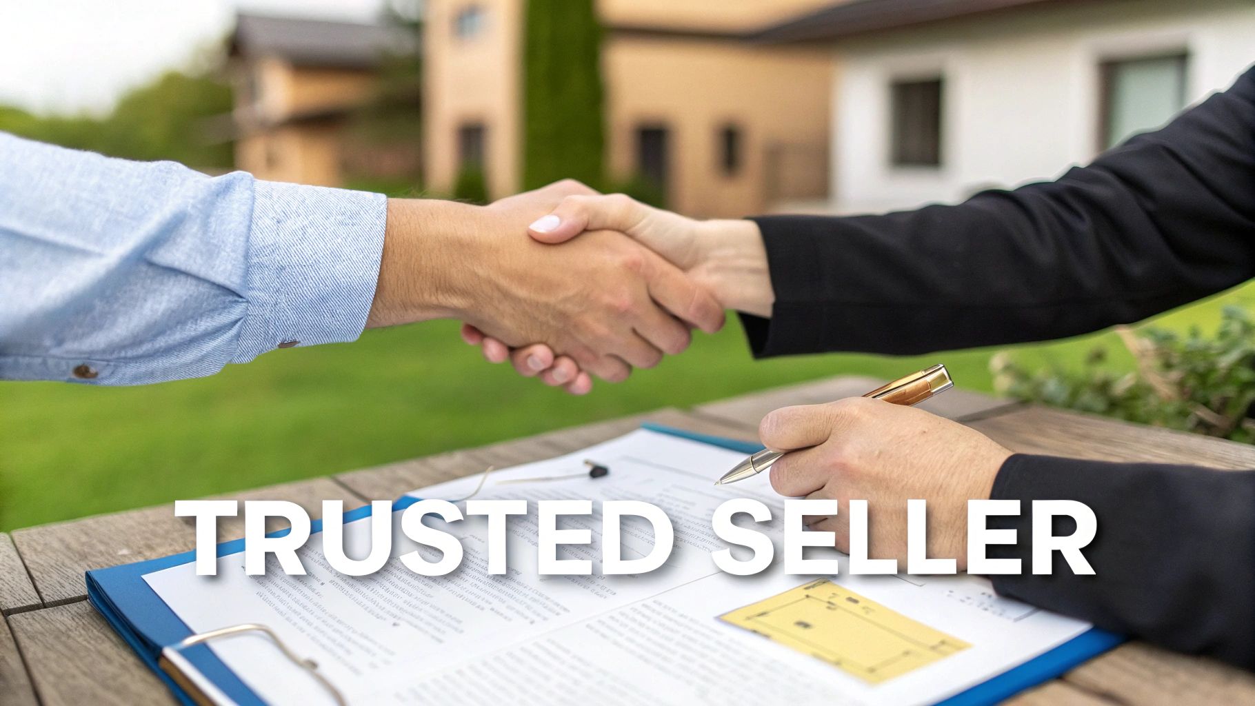 Two people shake hands over a contract on a table, symbolizing a property deal with a trusted seller.