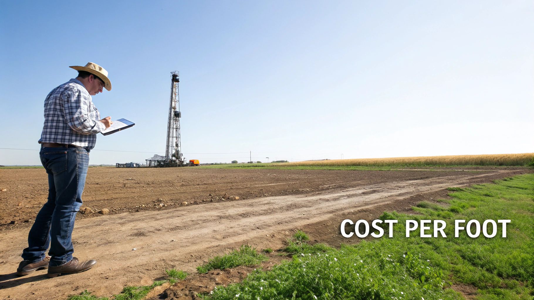 Man in a cowboy hat and plaid shirt calculating costs on a tablet near a drilling rig.