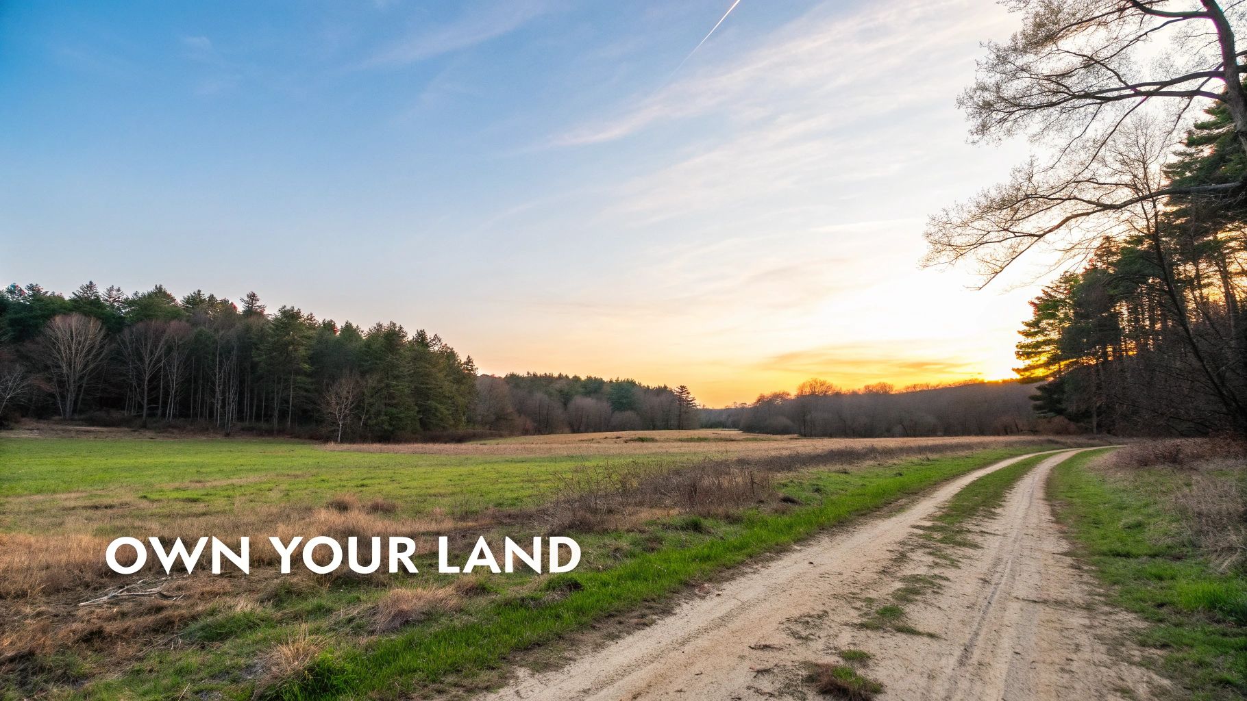 A scenic dirt road winds through open fields and a forest at sunset, with text 'OWN YOUR LAND'.