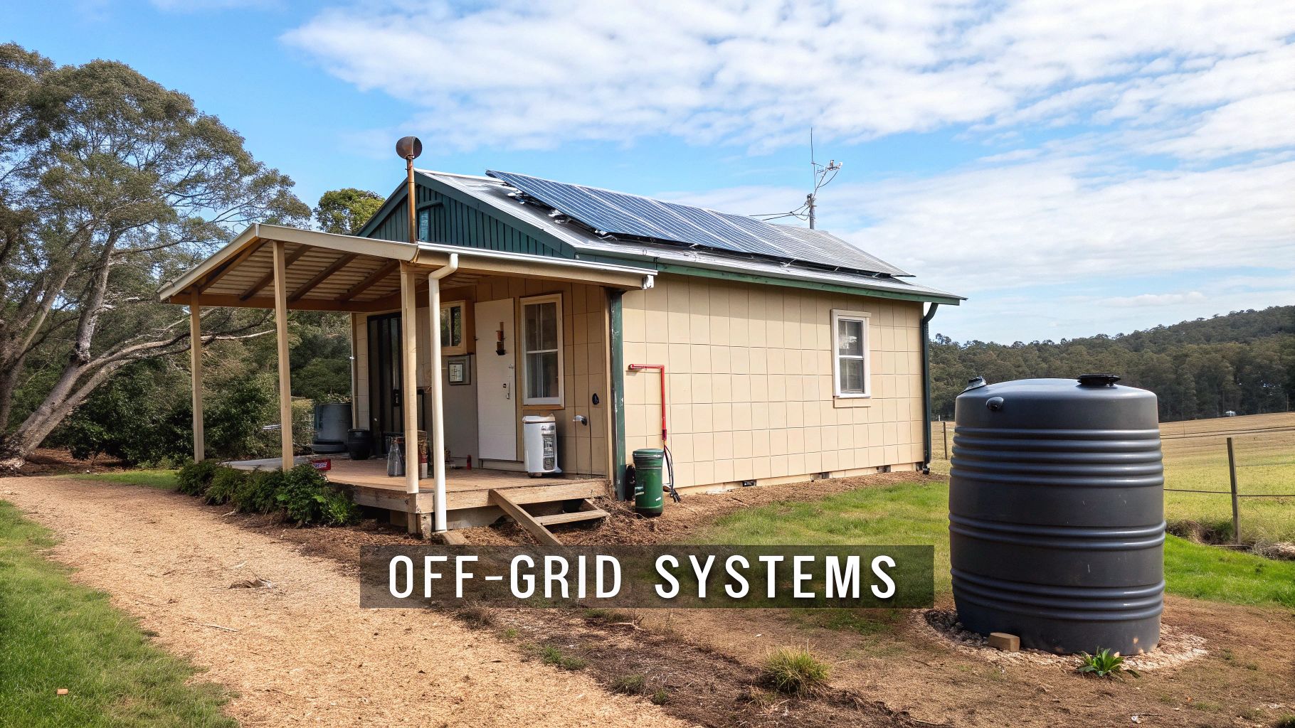 Off-grid house with solar panels and a water tank, showcasing sustainable living in a rural landscape.