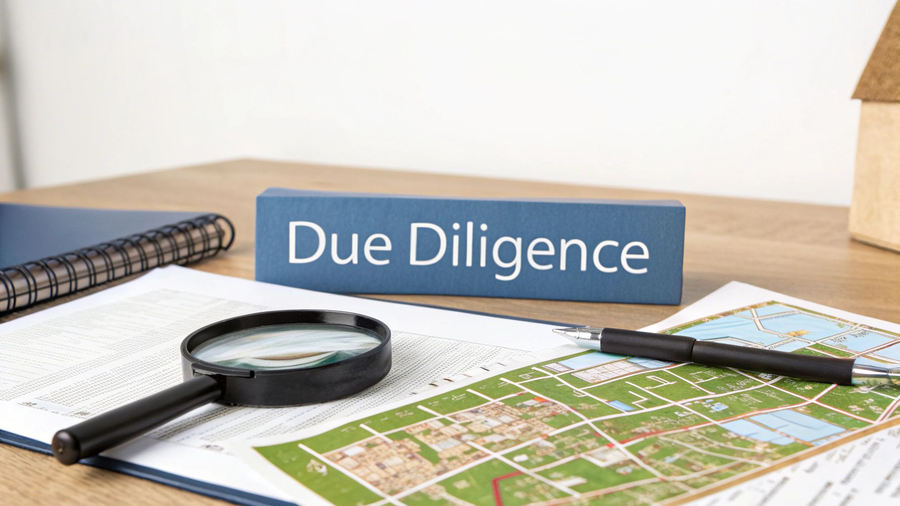 A desk with 'Due Diligence' box, documents, magnifying glass, map, and a house model for property research.