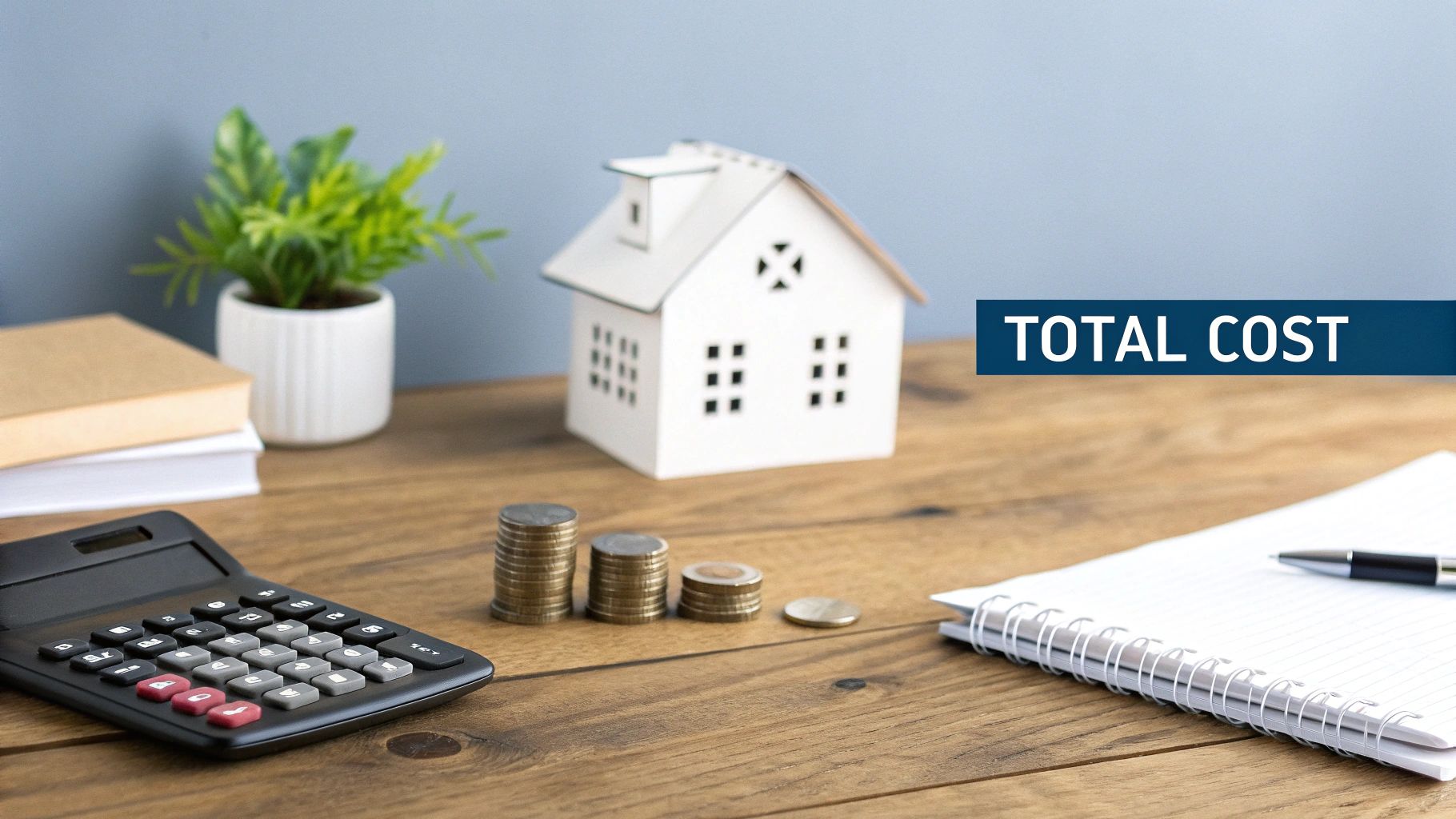 A wooden desk with a calculator, stacks of coins, model house, and a 'TOTAL COST' banner.