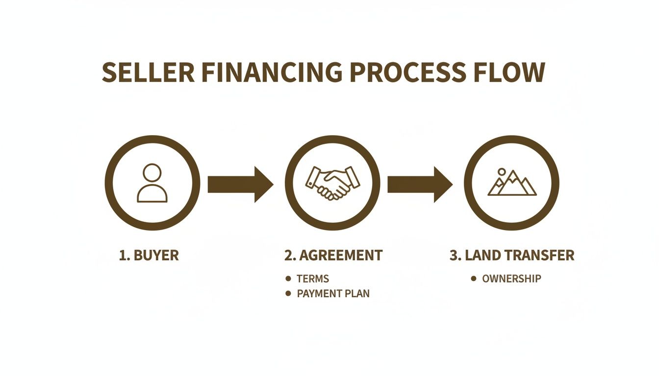 A flow chart illustrating the three steps of the seller financing process: buyer, agreement, and land transfer.