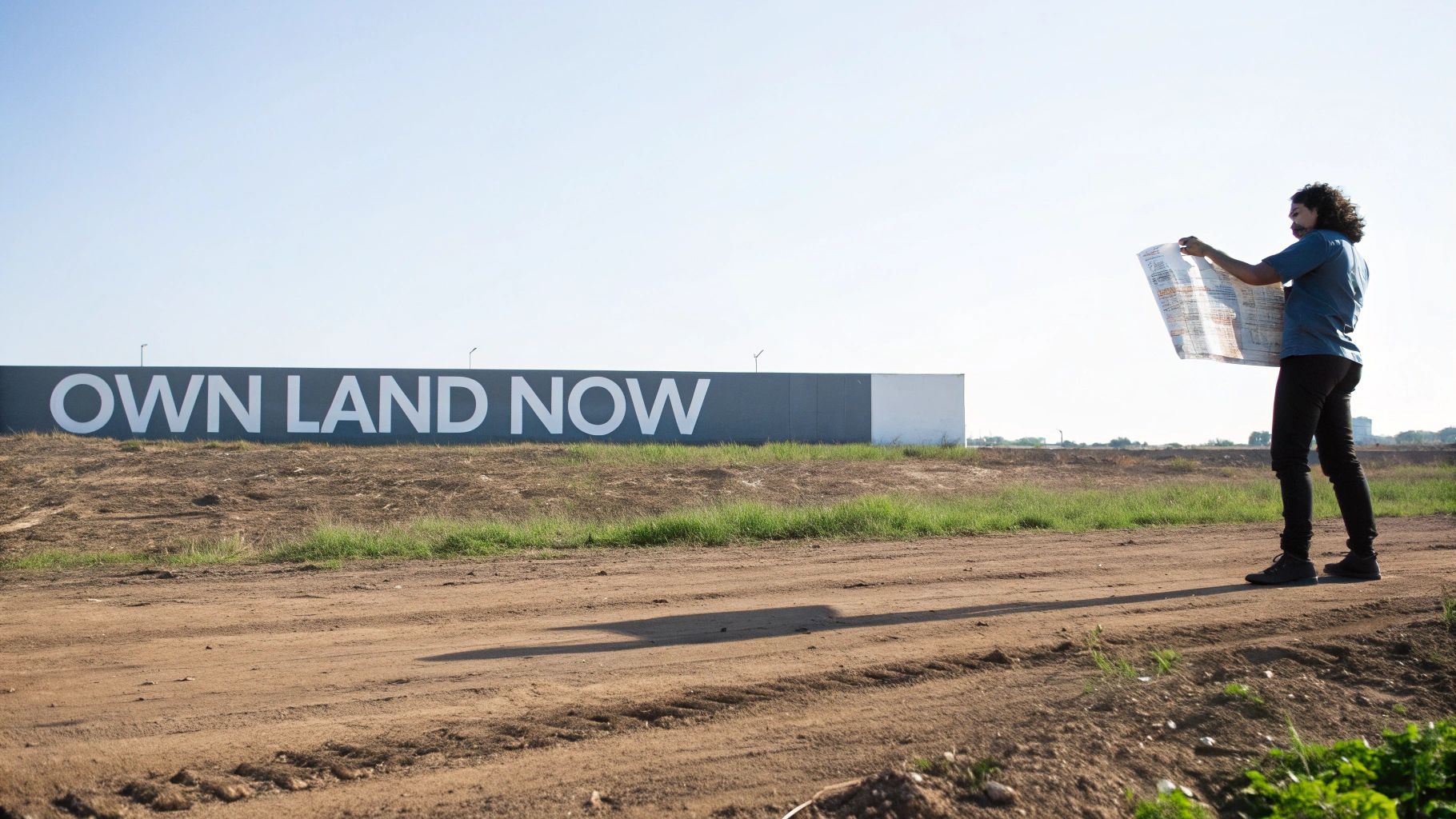 A person with long curly hair stands on a dirt road, examining a map, in front of a sign that reads "OWN LAND NOW".