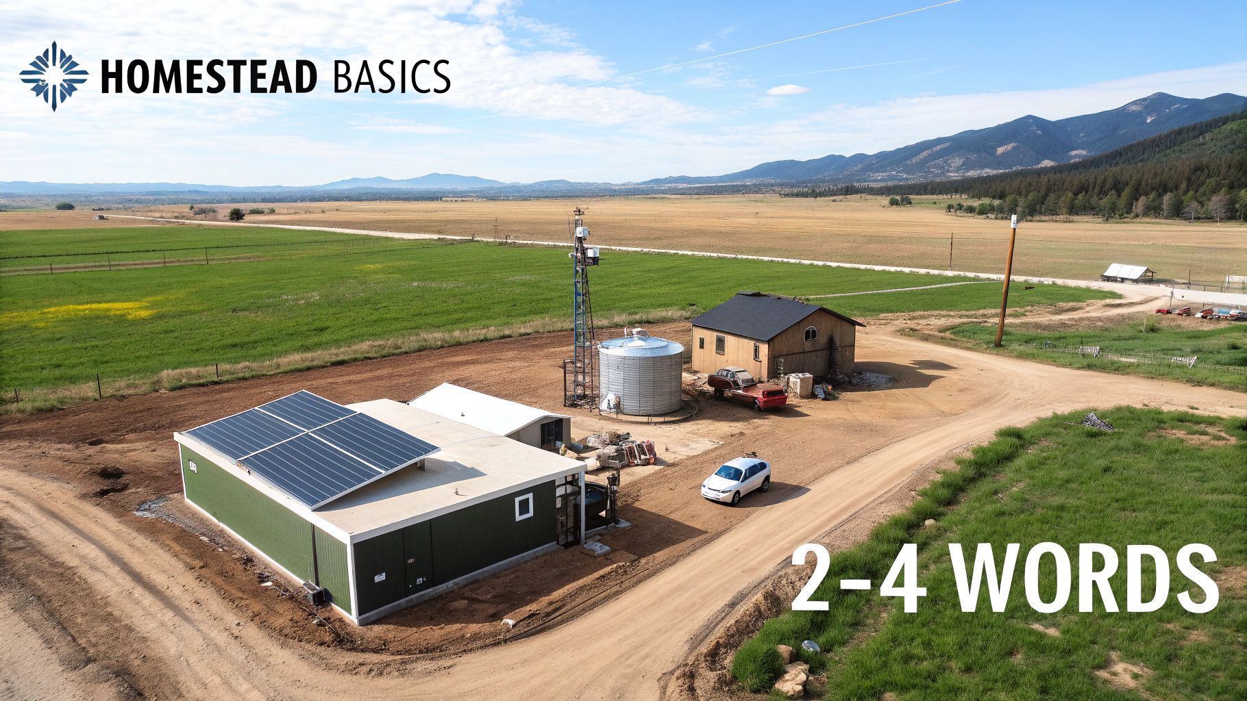 Aerial view of a sustainable homestead with solar panels, a barn, silo, and dirt roads in a rural mountain setting.
