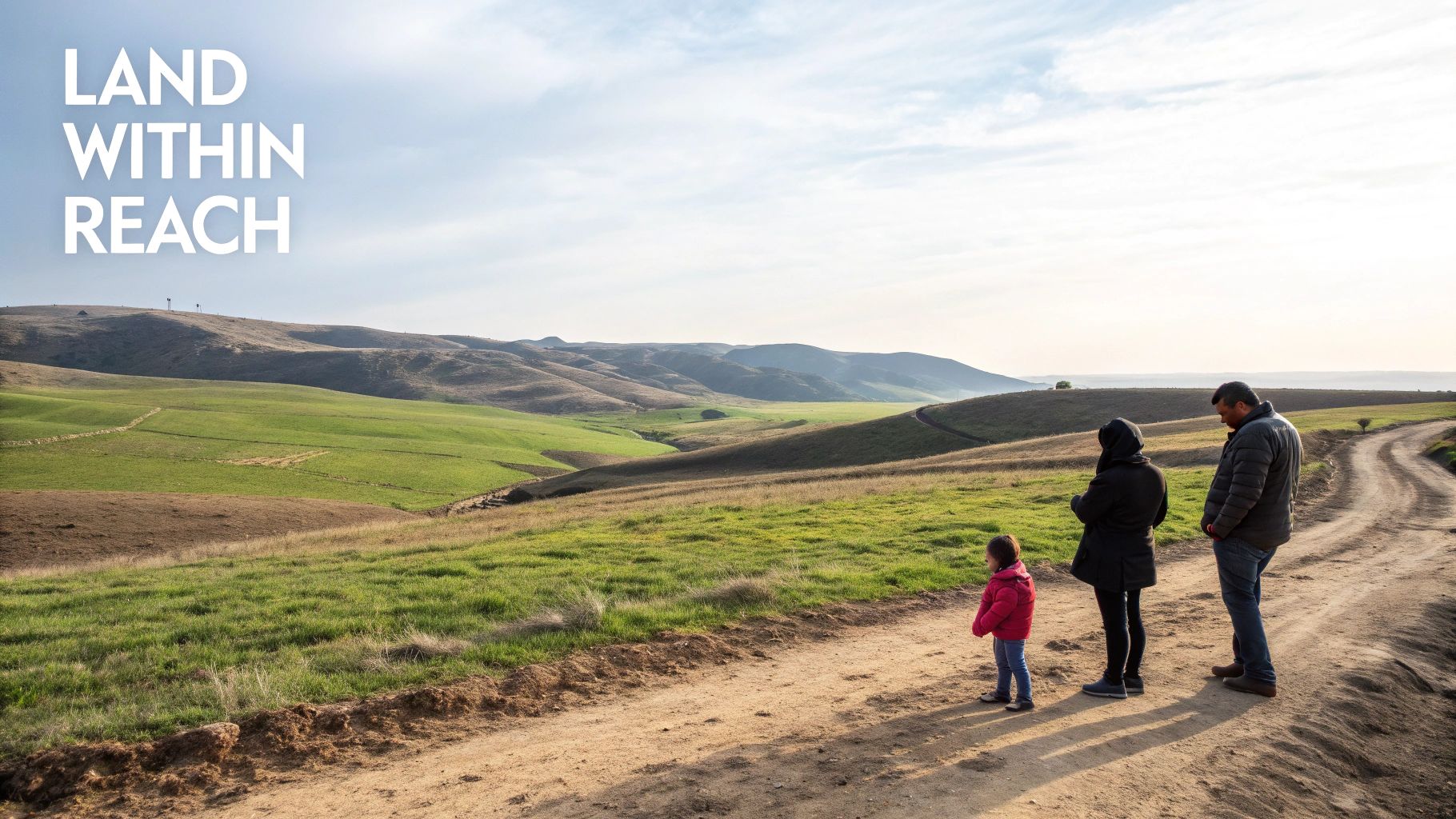 A family stands on a dirt road, looking at rolling green hills under a bright sky.