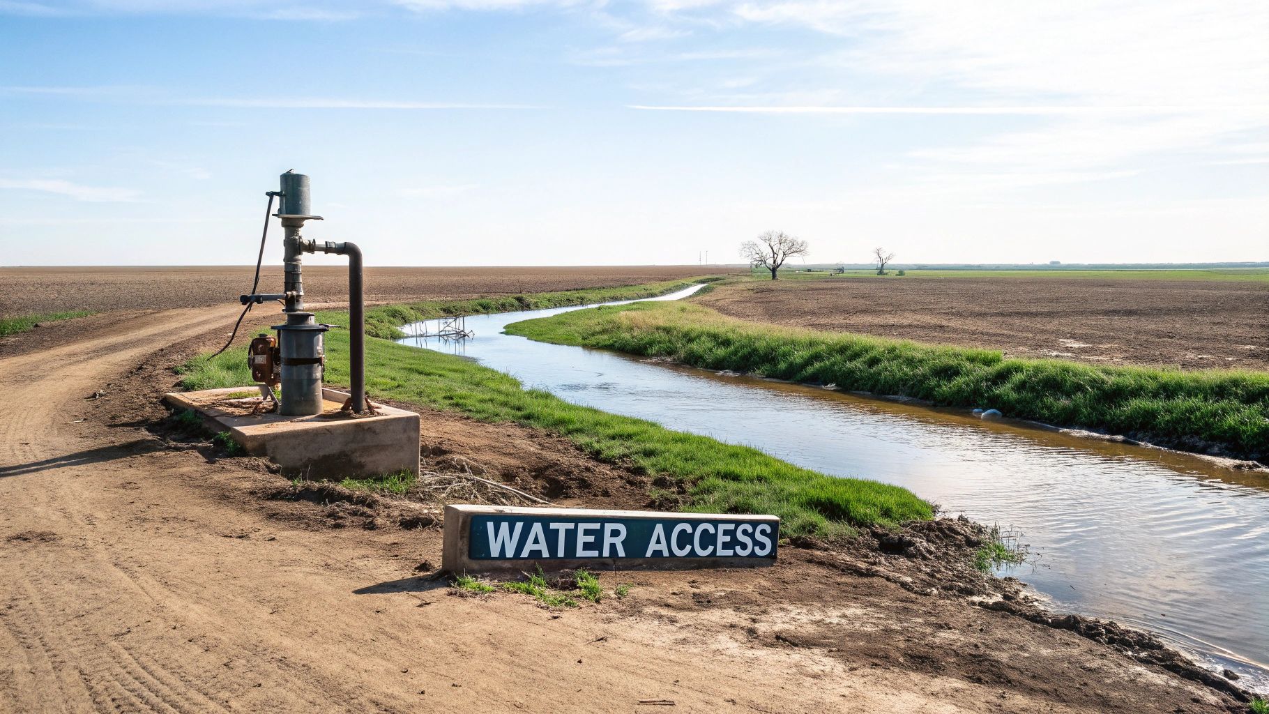 An irrigation canal winds through vast agricultural fields with a water pump and 'WATER ACCESS' sign.