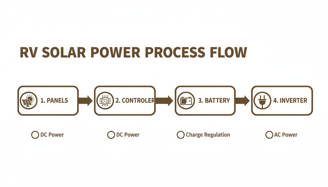 Diagram illustrating the RV solar power process, showing panels, controller, battery, and inverter.