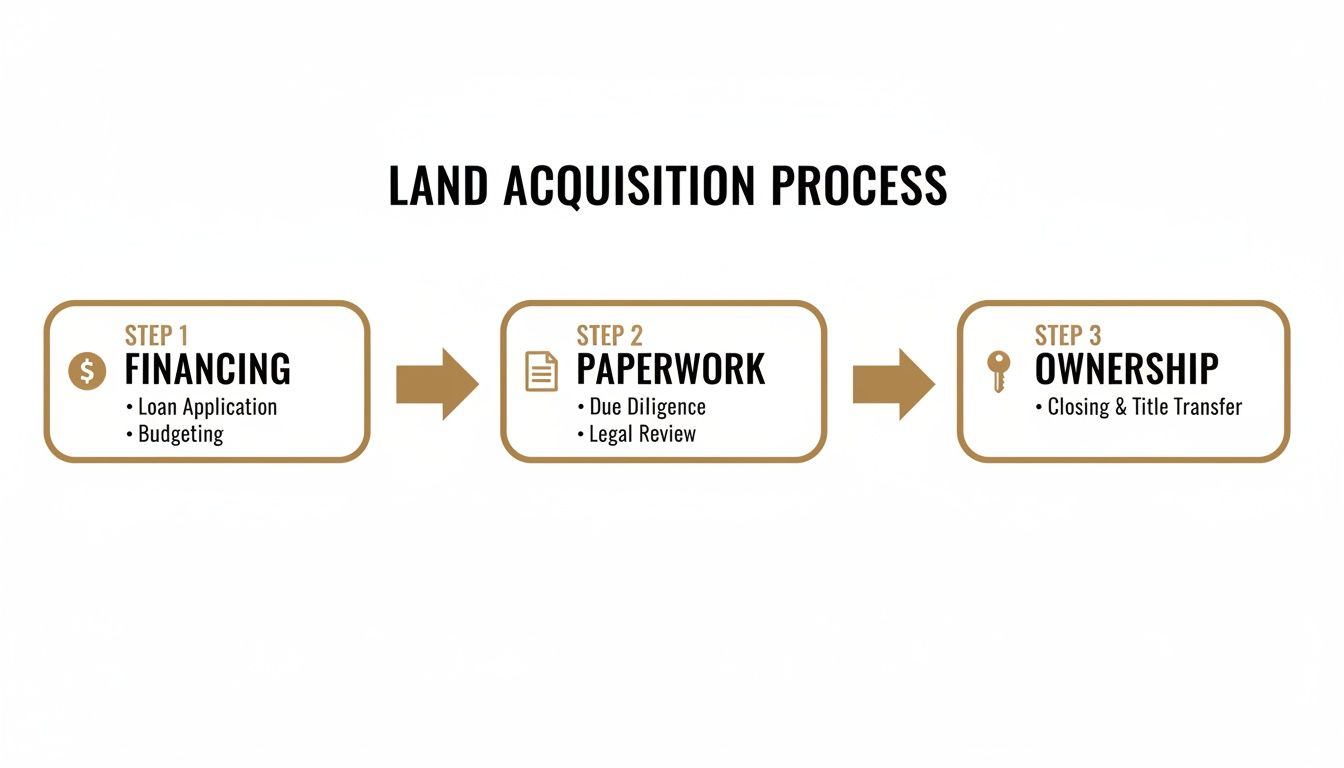 Infographic detailing the 3-step land acquisition process: financing, paperwork, and ownership transfer.