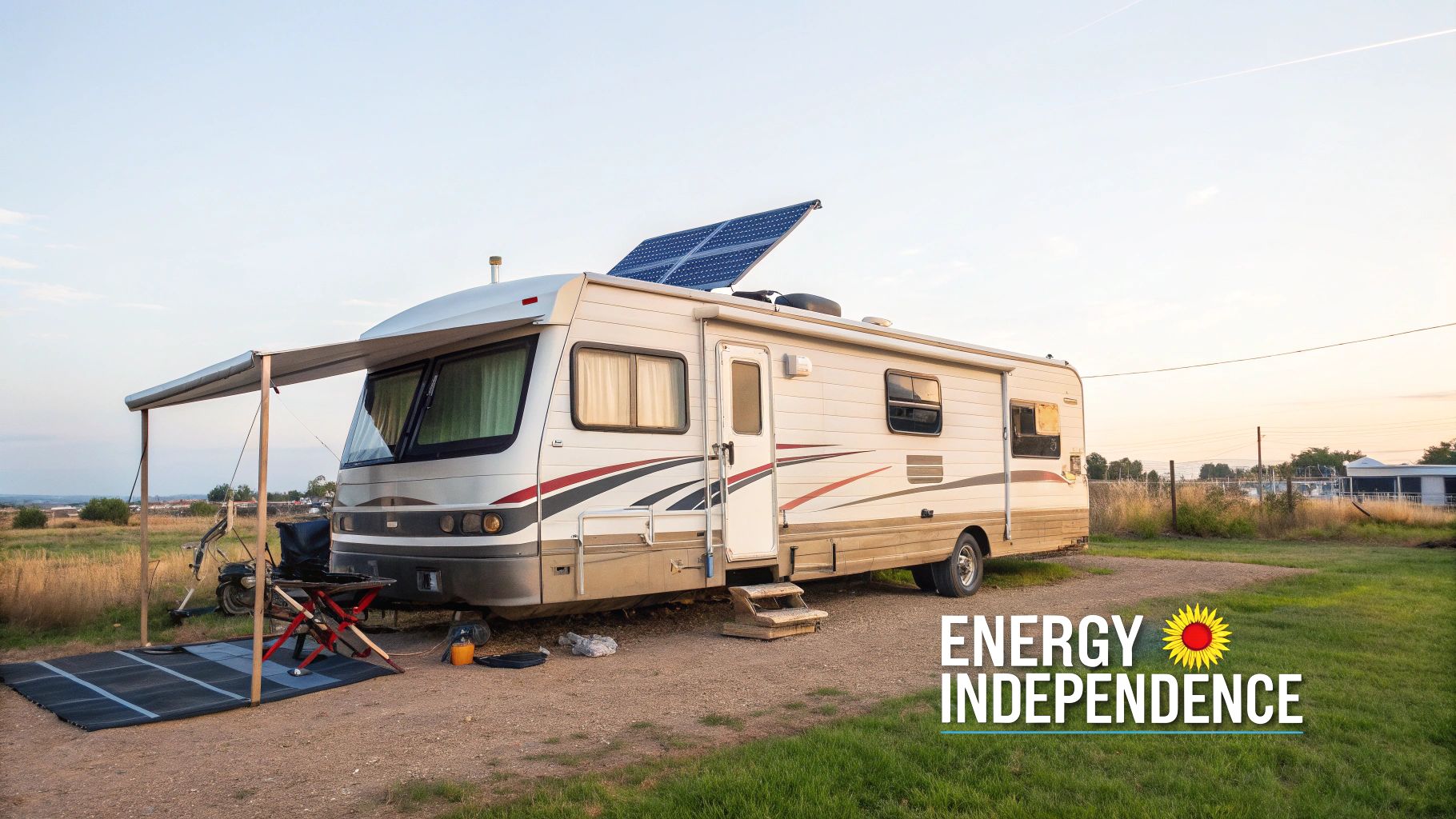 An RV featuring a rooftop solar power system and an extended awning, parked in a scenic outdoor setting.