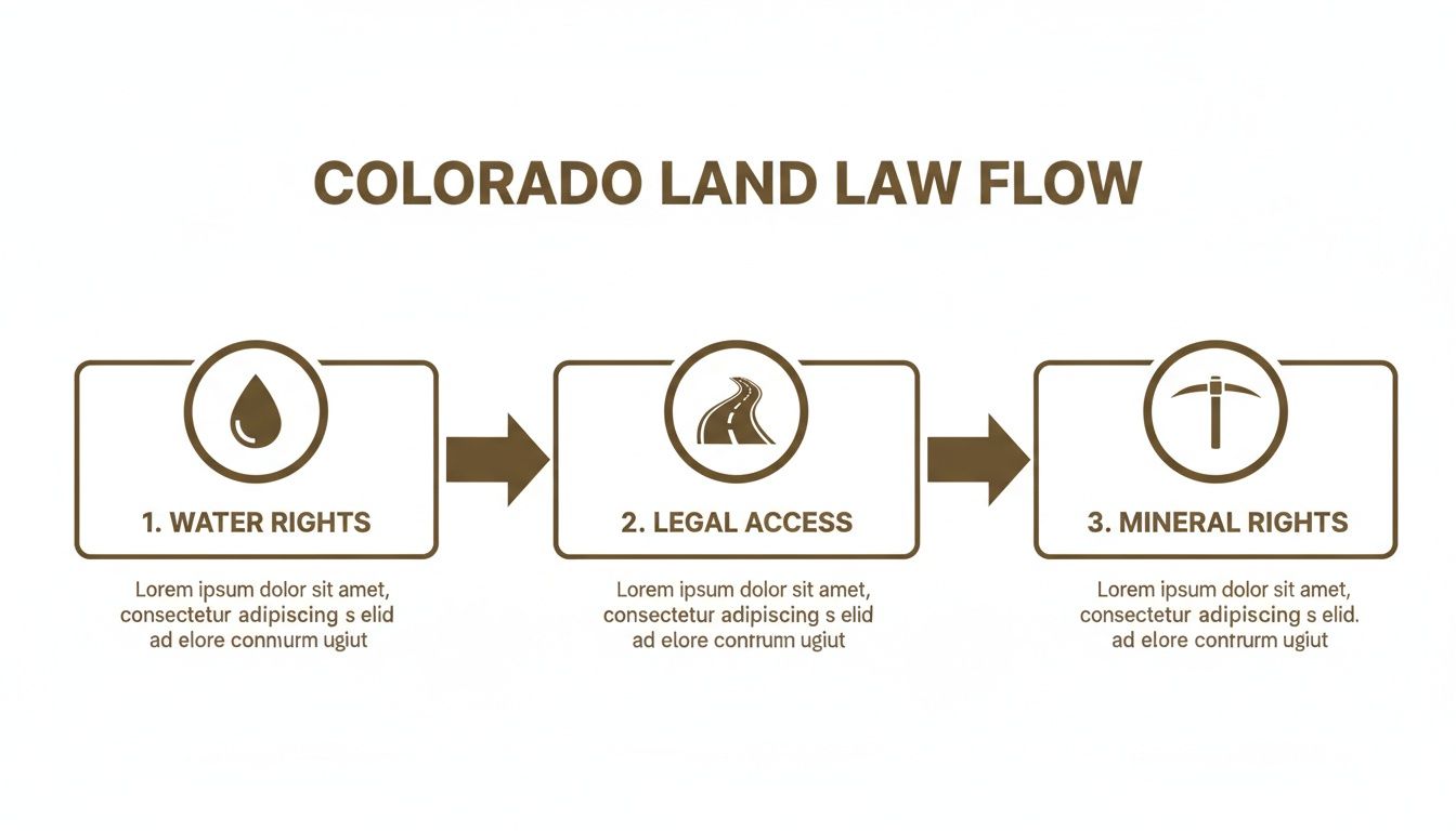 Flowchart illustrating Colorado land law steps: water rights, legal access, and mineral rights process.