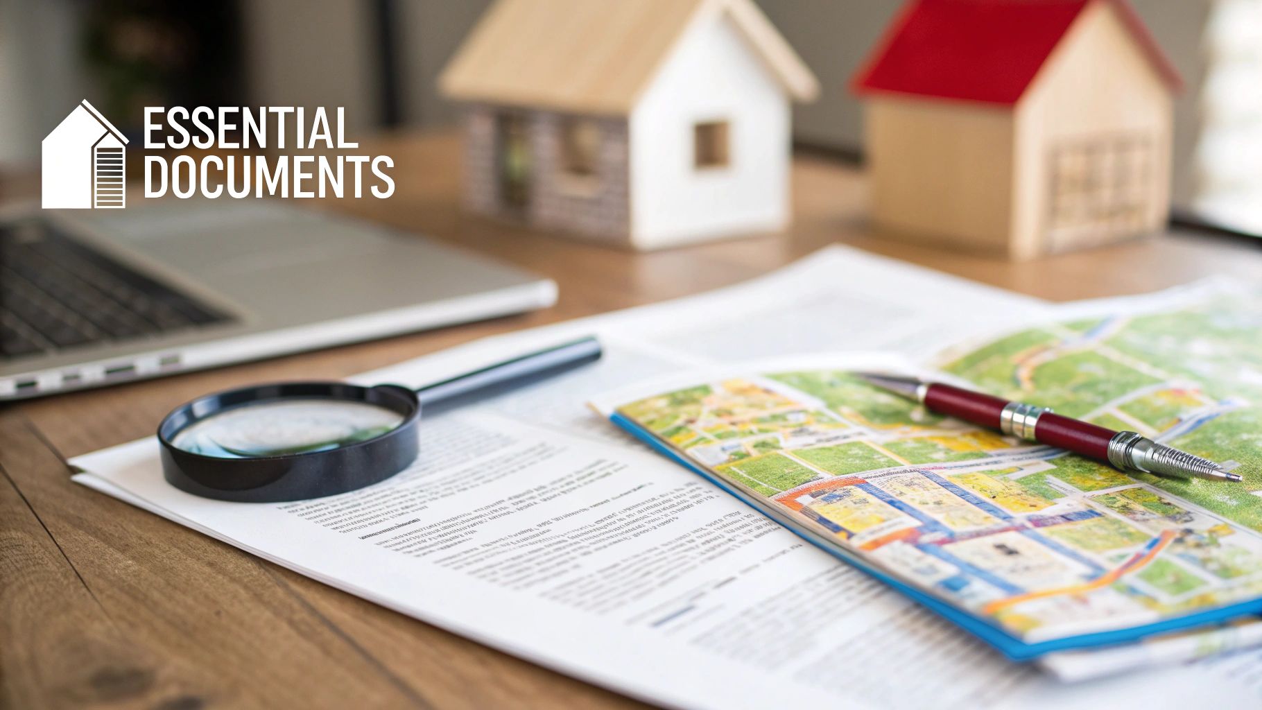 A desk with real estate essential documents, model houses, a laptop, magnifying glass, and a map.