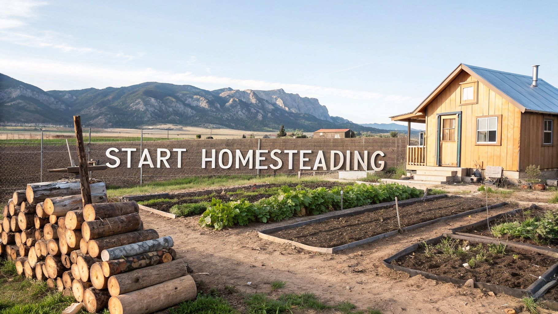 A scenic homestead with a small cabin, planted garden beds, and a pile of logs, against a mountain range.
