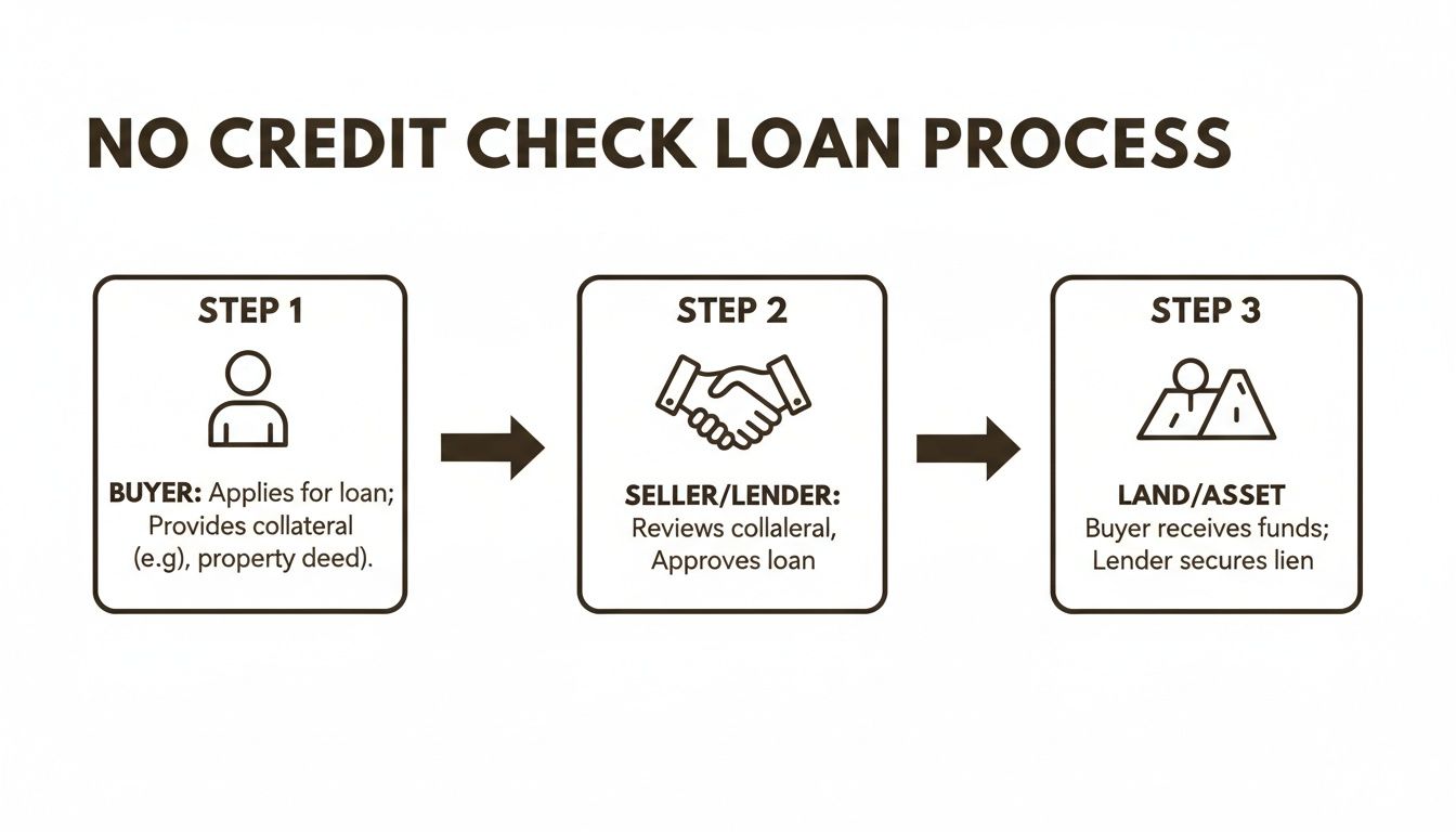 Diagram illustrating the three steps of a no credit check loan process for land assets.