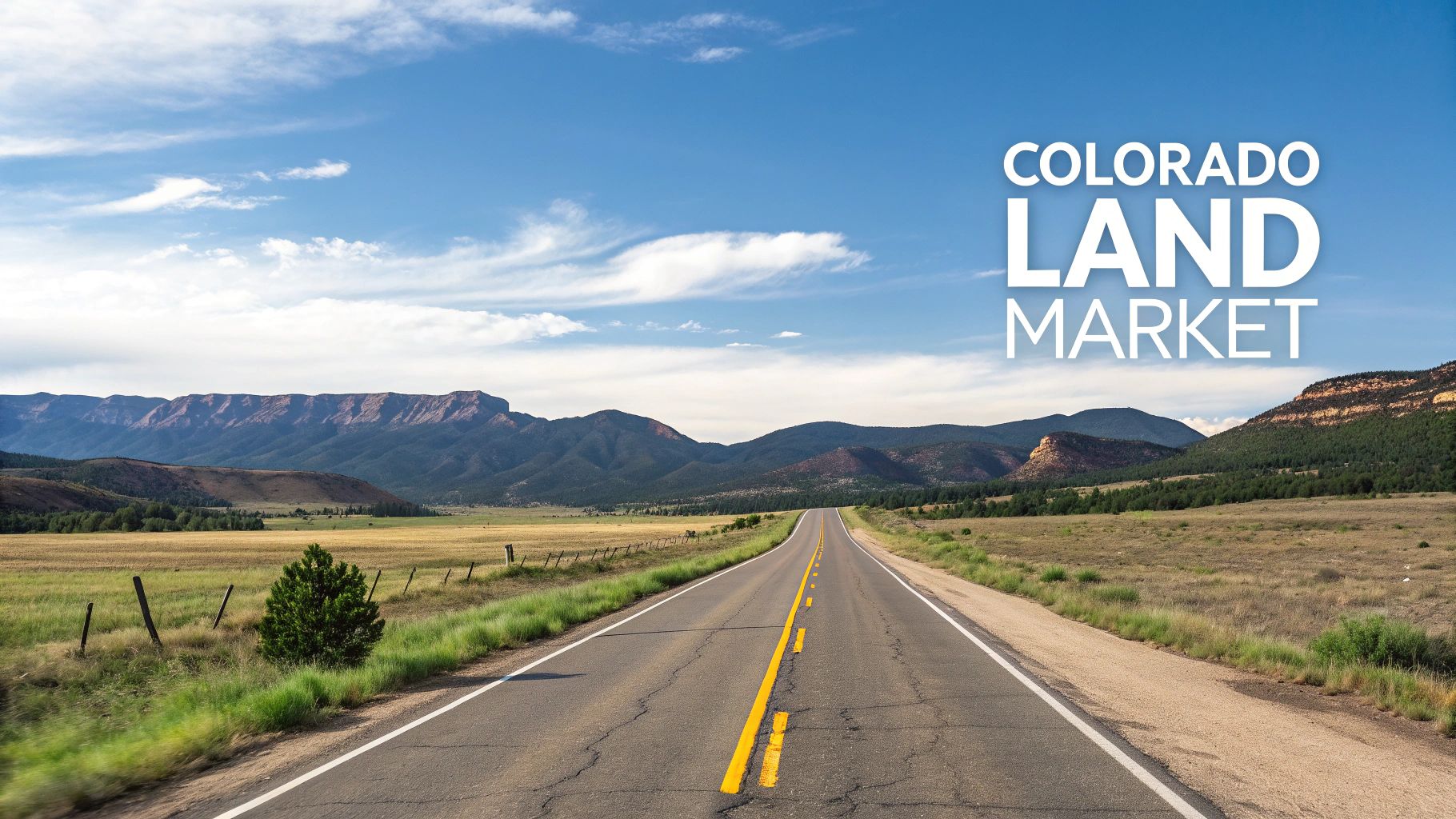A long, straight road leads through a Colorado landscape with fields and distant mountains under a blue sky.