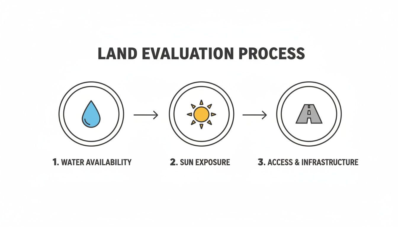 A diagram illustrating the land evaluation process with three key factors: water, sun, and access.