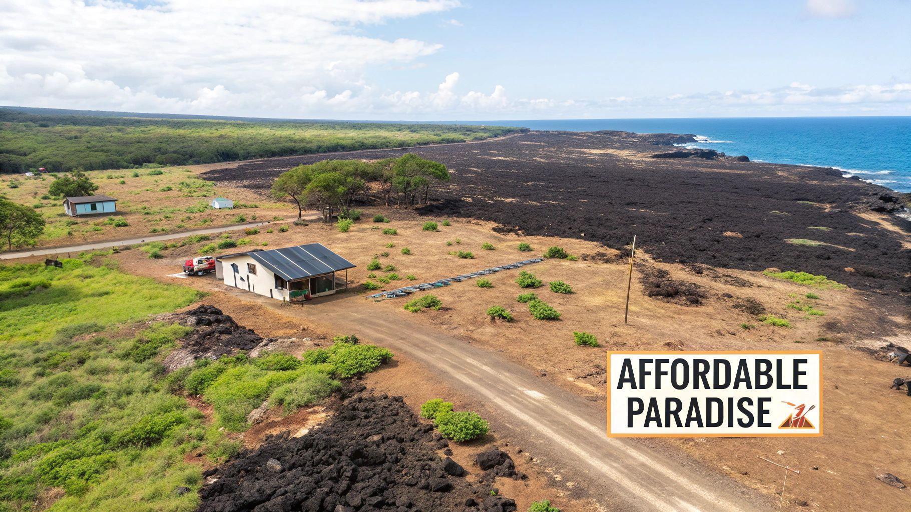 Aerial view of a property with a house, solar panels, dirt road, lava field, and ocean.
