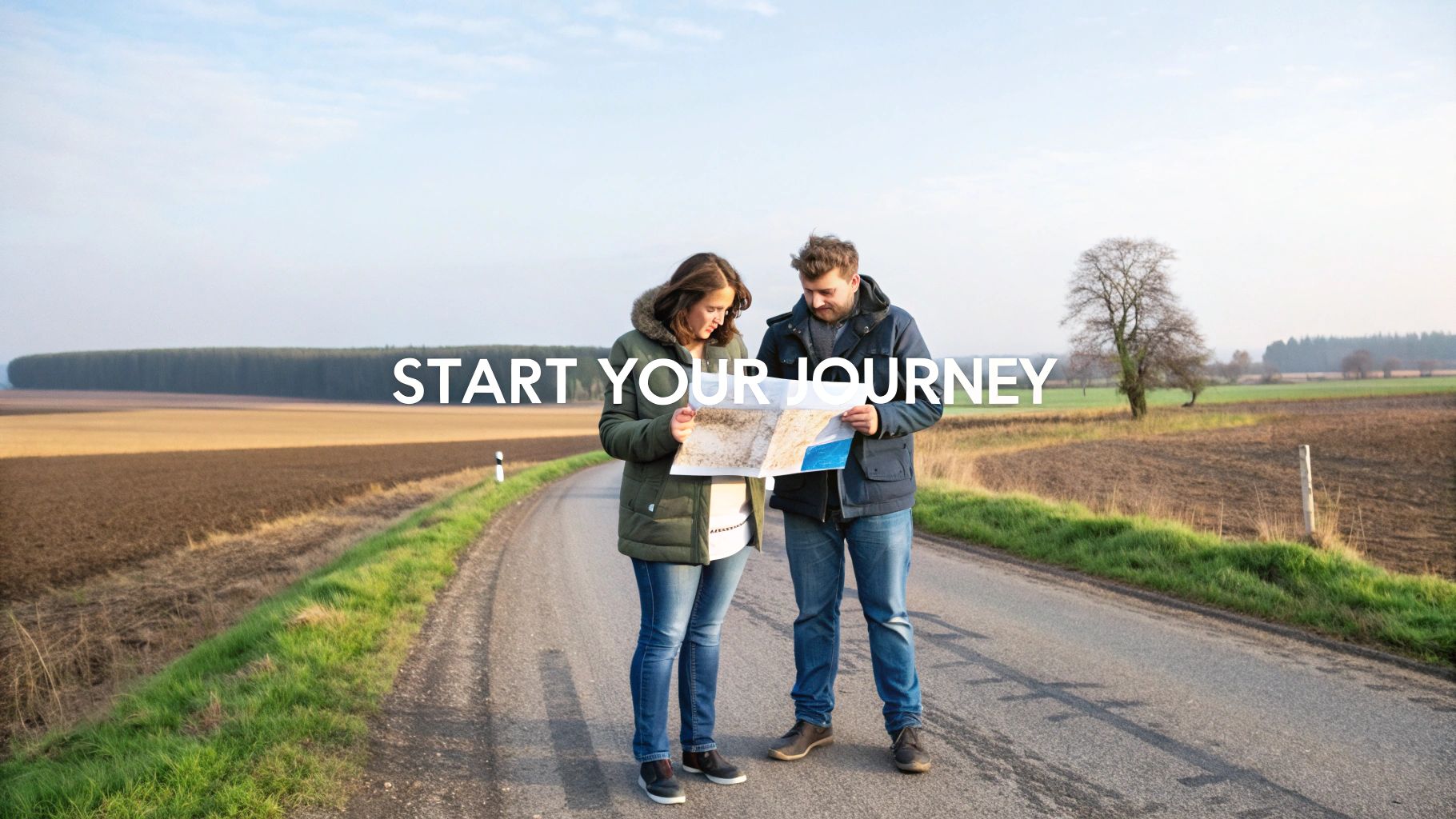 A couple on a rural road, bundled in jackets, studying a map, ready to start their journey.
