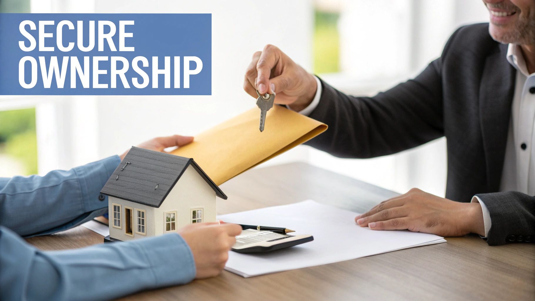 A man hands keys and documents to another person next to a model house, representing secure ownership.