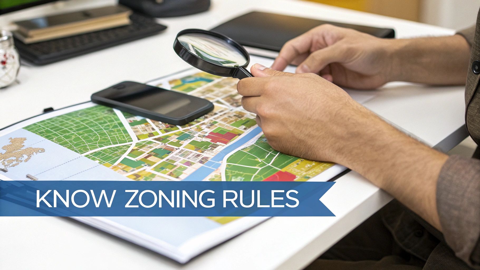 A person uses a magnifying glass to examine a detailed city map, with a smartphone on the table, emphasizing zoning rules.