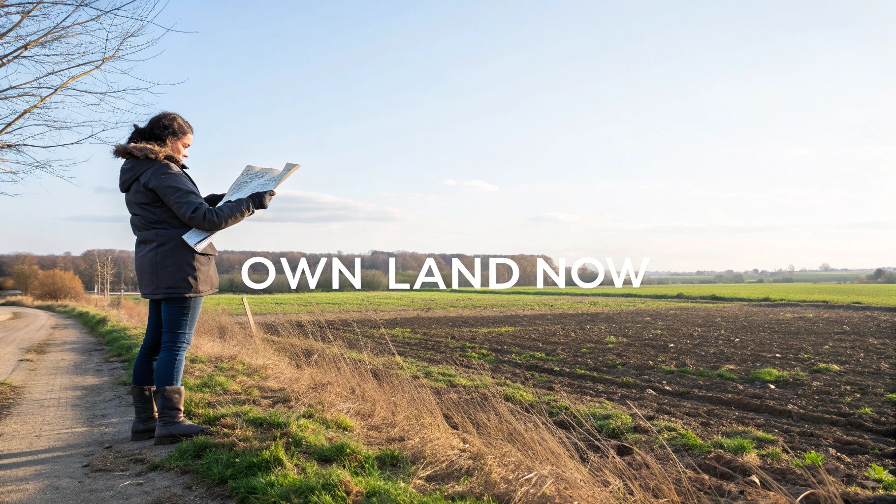 A woman in a winter coat stands by a field, looking at a map, with 'OWN LAND NOW' text.