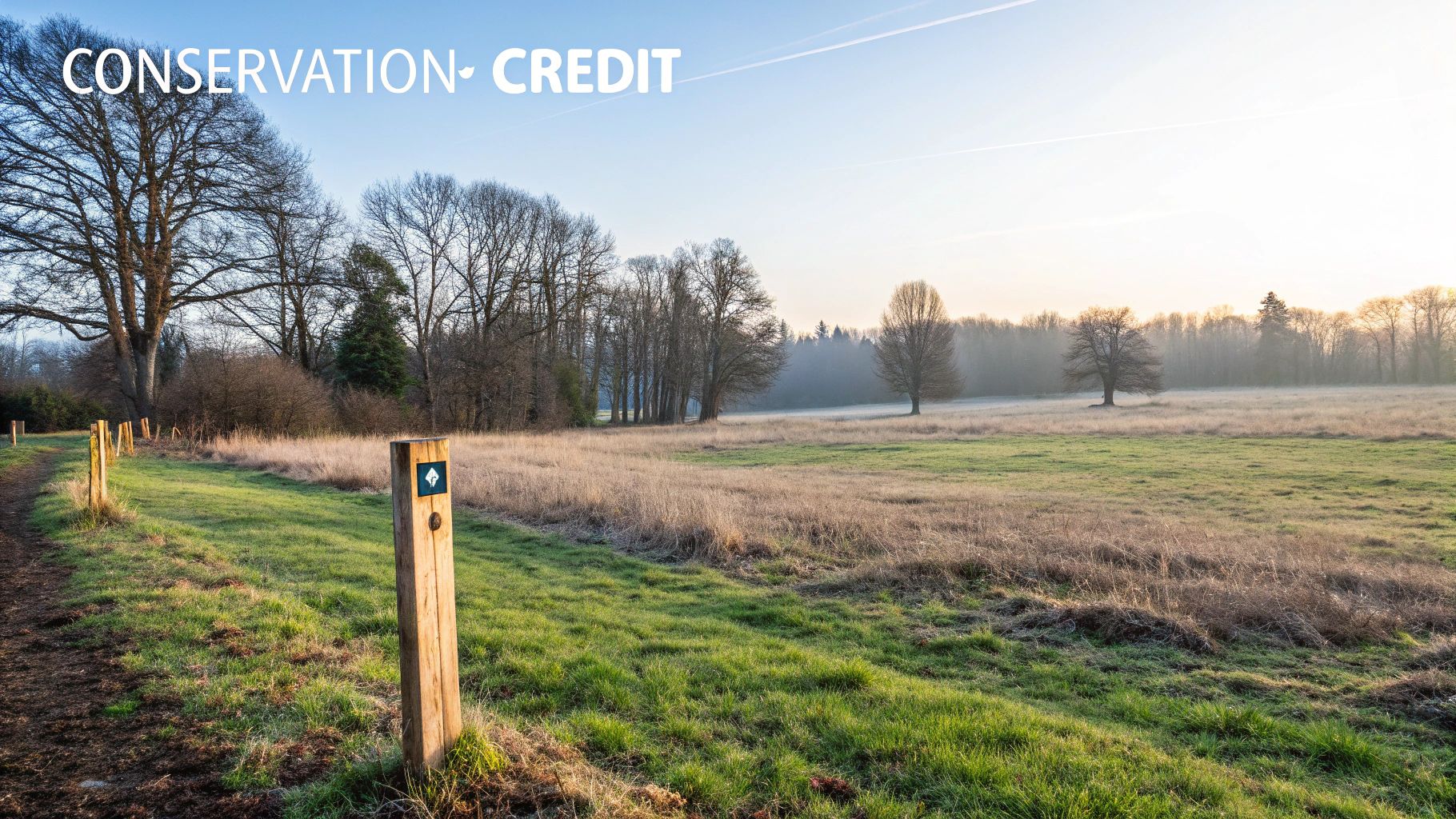 A scenic path through green and golden fields with trees and a conservation marker post.