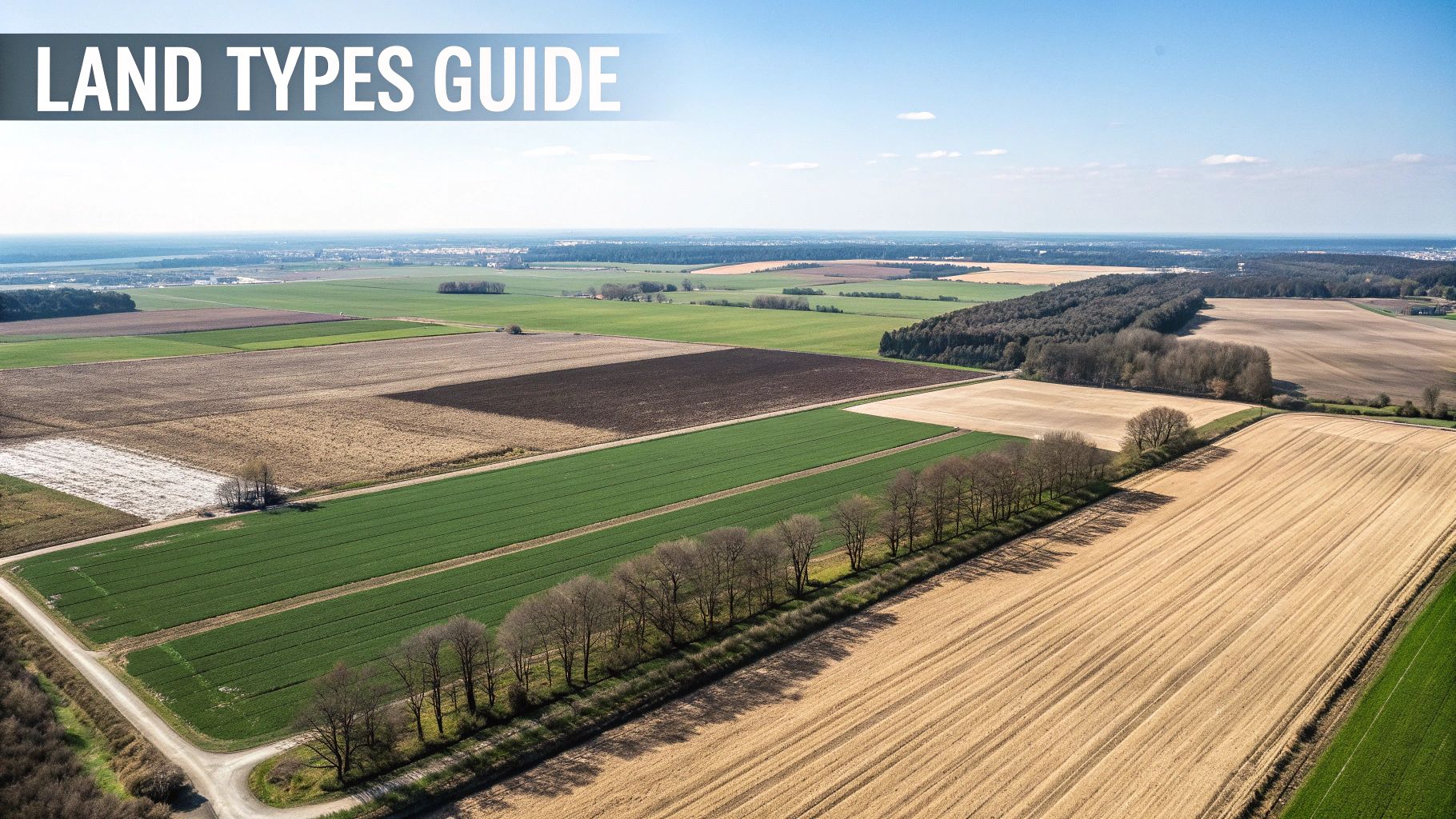 Aerial view of diverse agricultural fields, showcasing different land types, crops, and rural landscape.