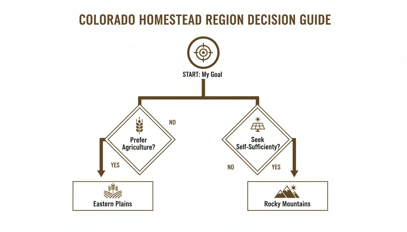 Colorado homestead region decision guide, choosing Eastern Plains for agriculture or Rocky Mountains for self-sufficiency.