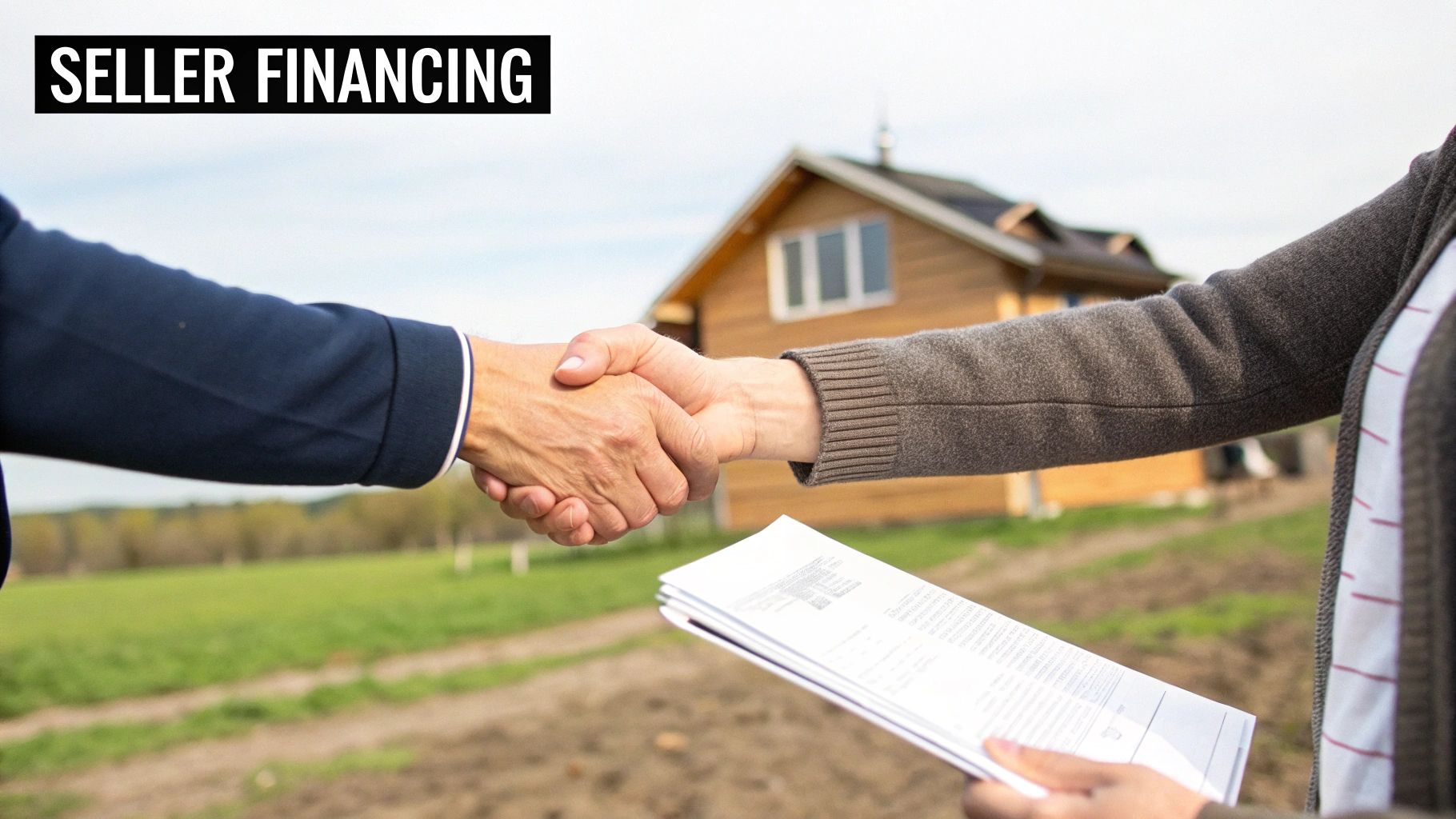 Two people shake hands over documents, symbolizing seller financing for a property with a house and land.