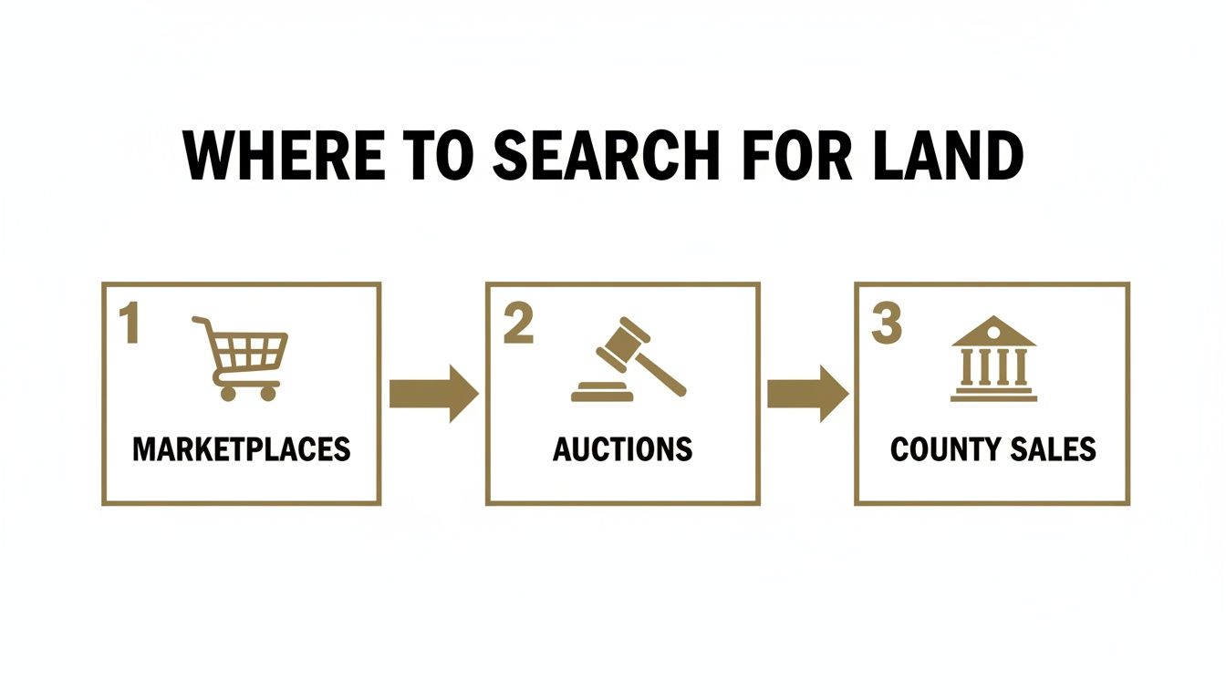 A three-step flowchart showing where to search for land: marketplaces, auctions, and county sales.