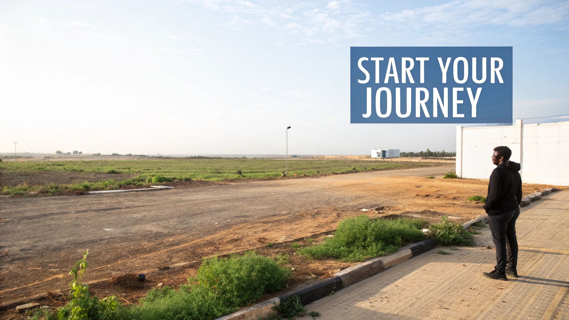 A man stands on a road looking at a vast, undeveloped landscape with the text 'Start Your Journey'.