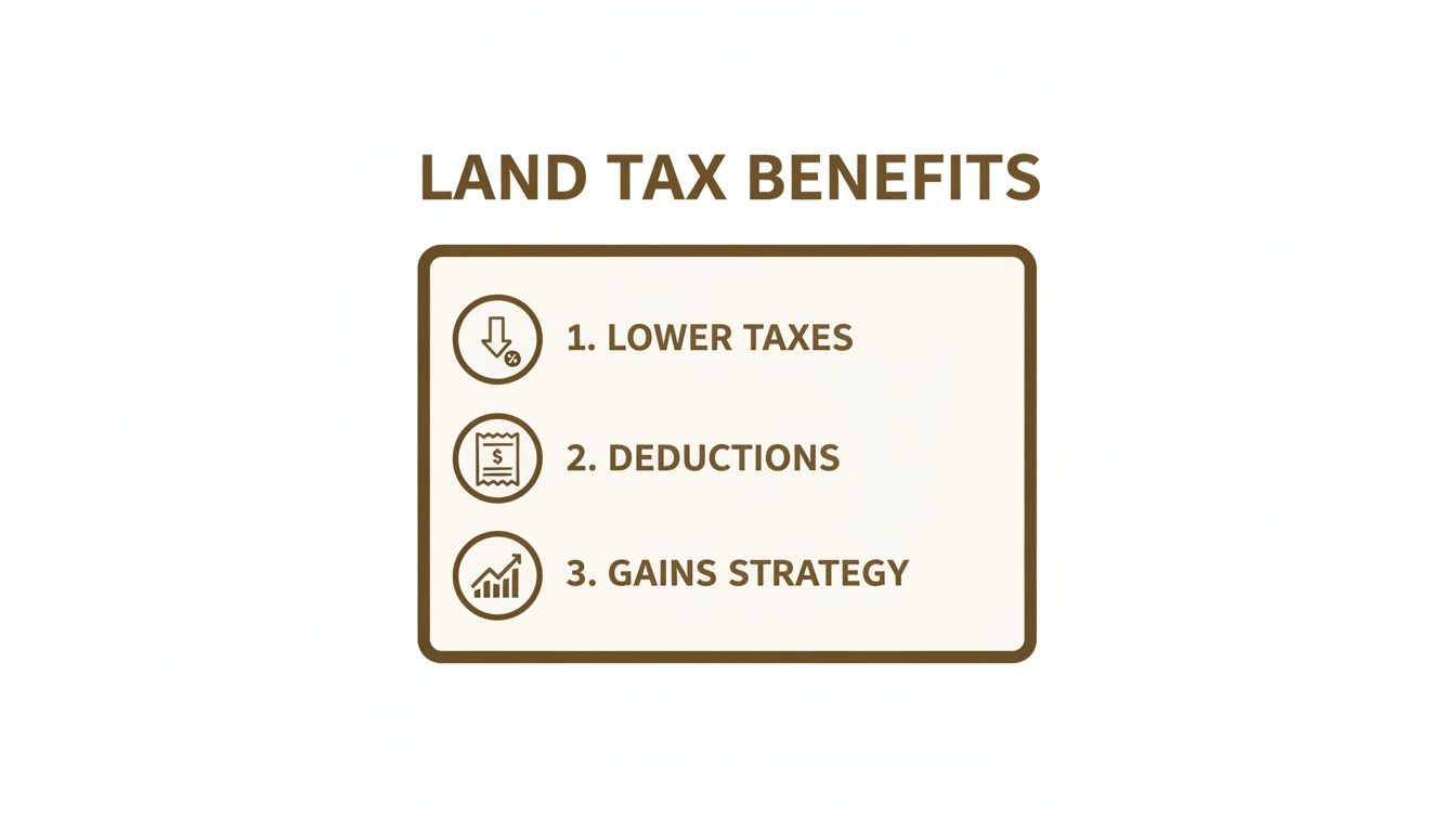 An image outlining three land tax benefits: lower taxes, deductions, and gains strategy, each with a corresponding icon.