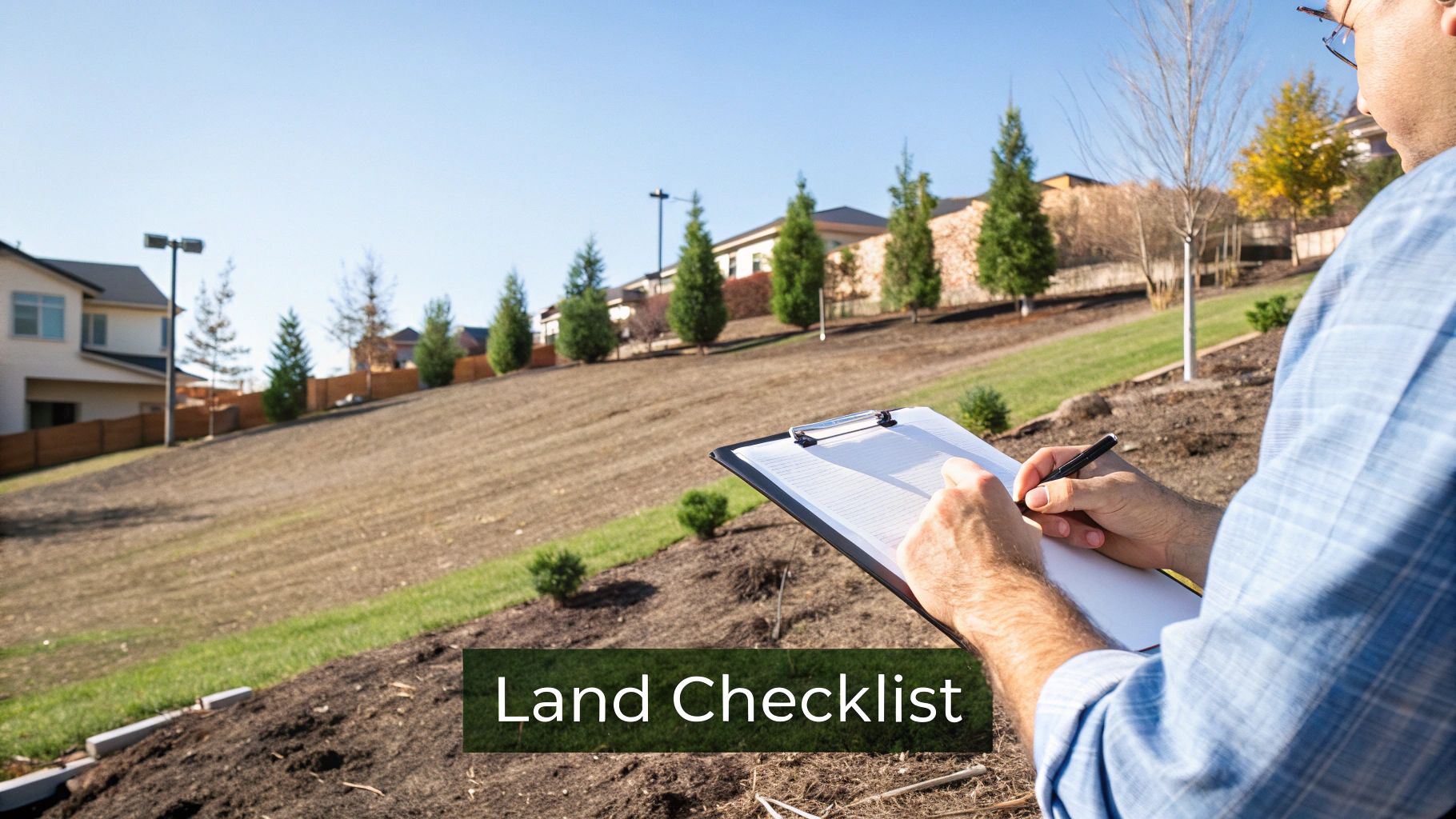A man checks off items on a "Land Checklist" clipboard while surveying a new property development.