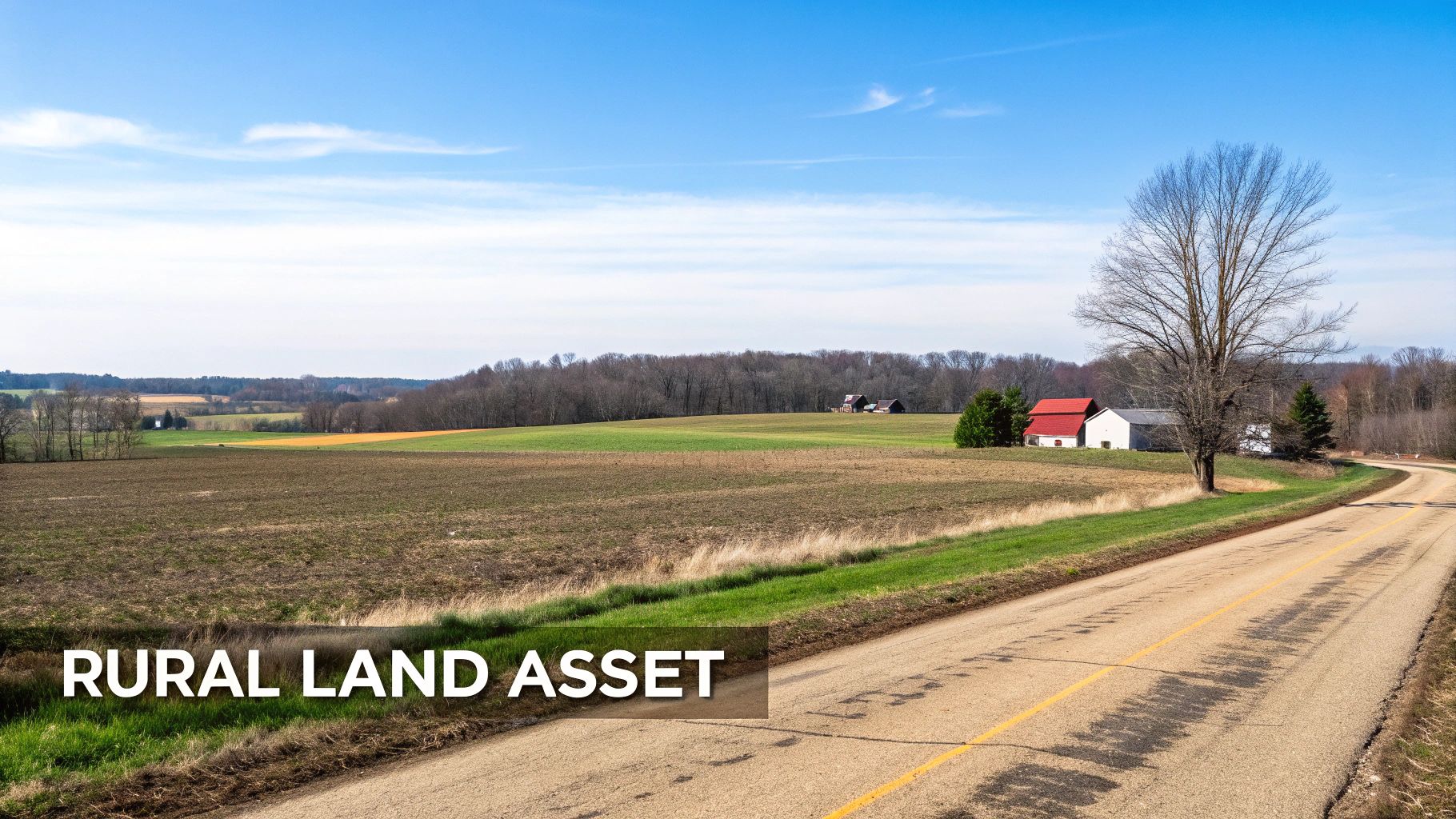 A serene rural landscape featuring open fields, a winding road, bare trees, and farm buildings.