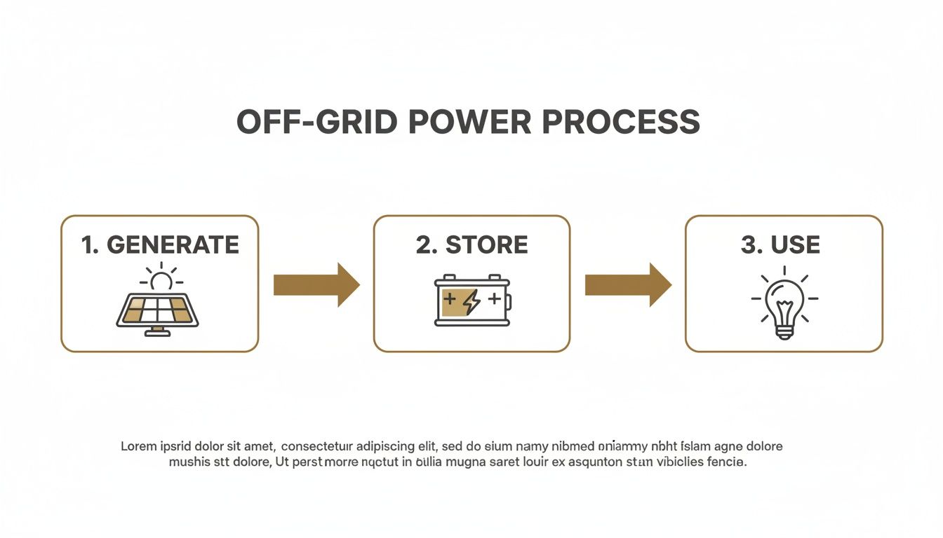 A diagram illustrating the off-grid power process: generate with solar, store in a battery, and use the power.