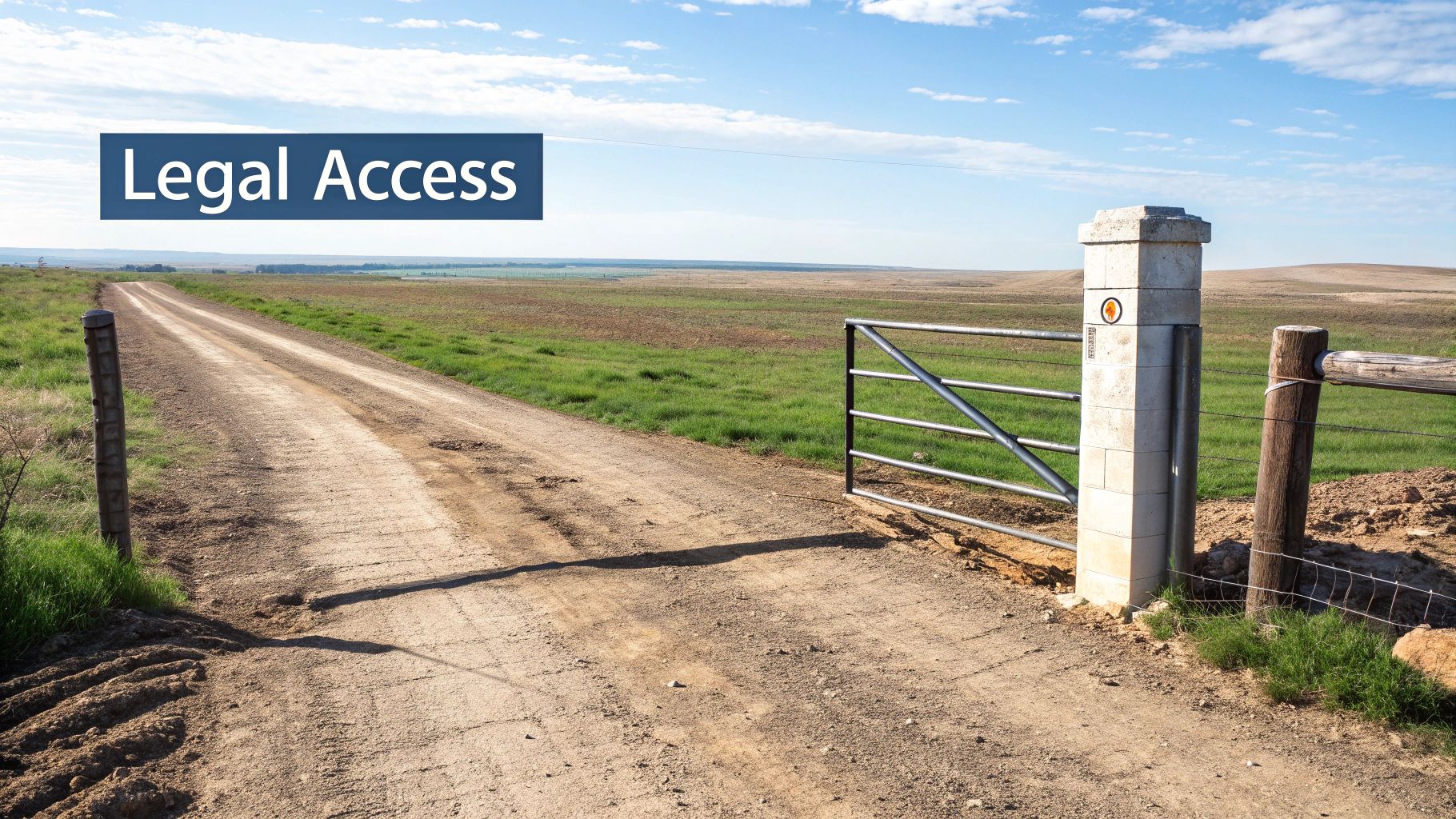 A dirt road leads through open fields past an open gate, with a 'Legal Access' overlay.