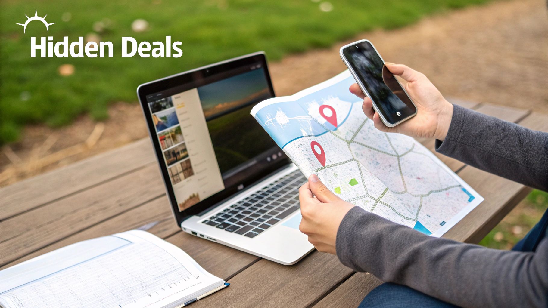 A person uses a smartphone, paper map with red pins, and laptop on a wooden outdoor table for travel planning.