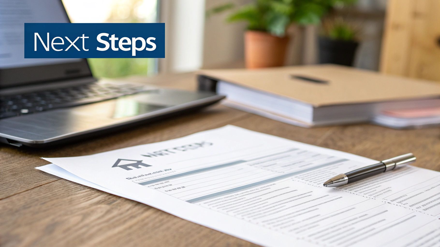 A desk with a laptop, documents, and a pen, featuring a 'Next Steps' banner and form.